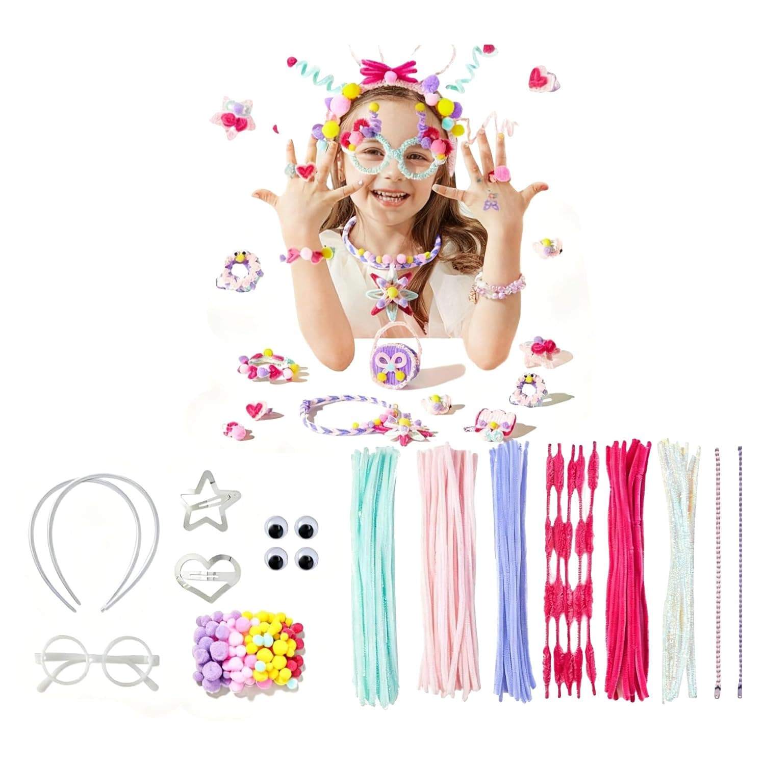 Pipe Cleaners Craft Kit for Kids Ages 4-11 – Arts & Crafts Supplies Set with Googly Eyes, Pom Poms, Hair Clips, Chenille Stems – DIY Crafting, Creative Projects, Kids’ Educational Activity Bundle