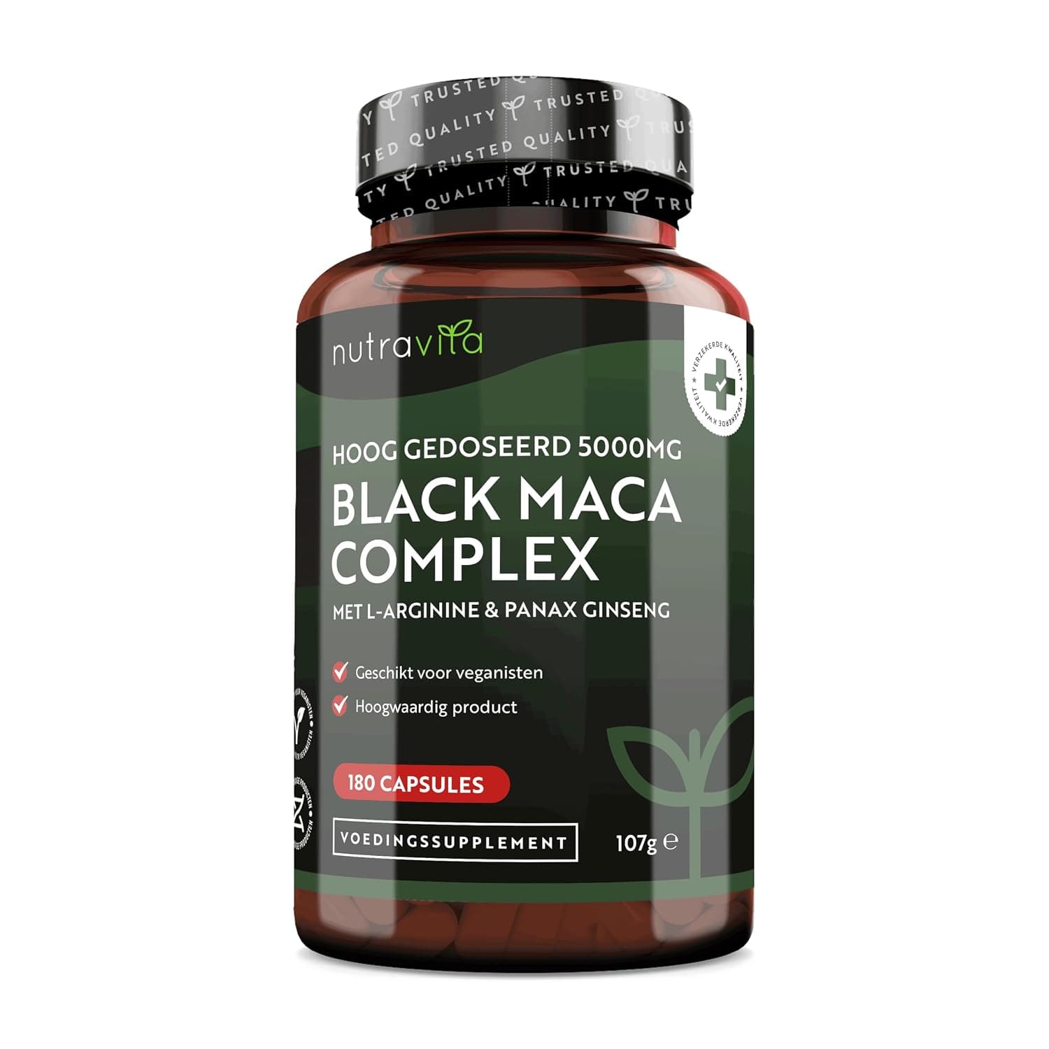 Nutravita Extra Strength Maca Complex with L-Arginine & Panax Ginseng - 180 Vegan Capsules (Black, 5000mg)