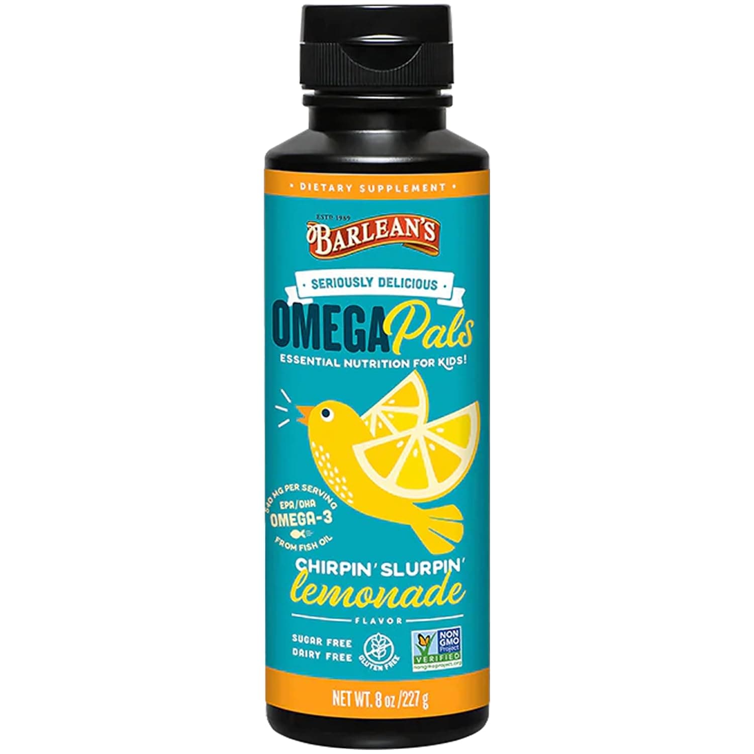 Barlean's Omega Pals Chirpin' Slurpin' Lemonade Flavored Omega 3 for Kids, Yummy Children's Liquid Fish Oil Supplement with 540 mg of EPA & DHA for Brain & Eye Health, 8 oz