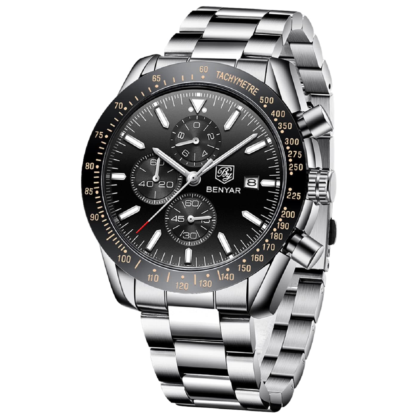 BY BENYAR Men's Waterproof Analog Quartz Chronograph Luminous Date Large Dial Classic Business Fashion Watches Leather Strap Elegant Gift for Men