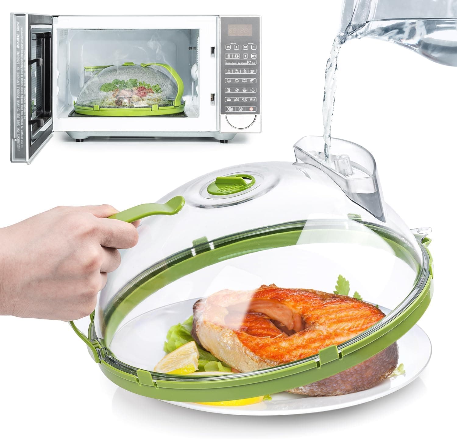 Paporich Microwave Cover for Food, Clear Microwave Splatter Cover with Water Steamer and Handle, 10 Inch Plate Covers, Kitchen Gadgets and Accessories, House Essentials for Gifts, Green.