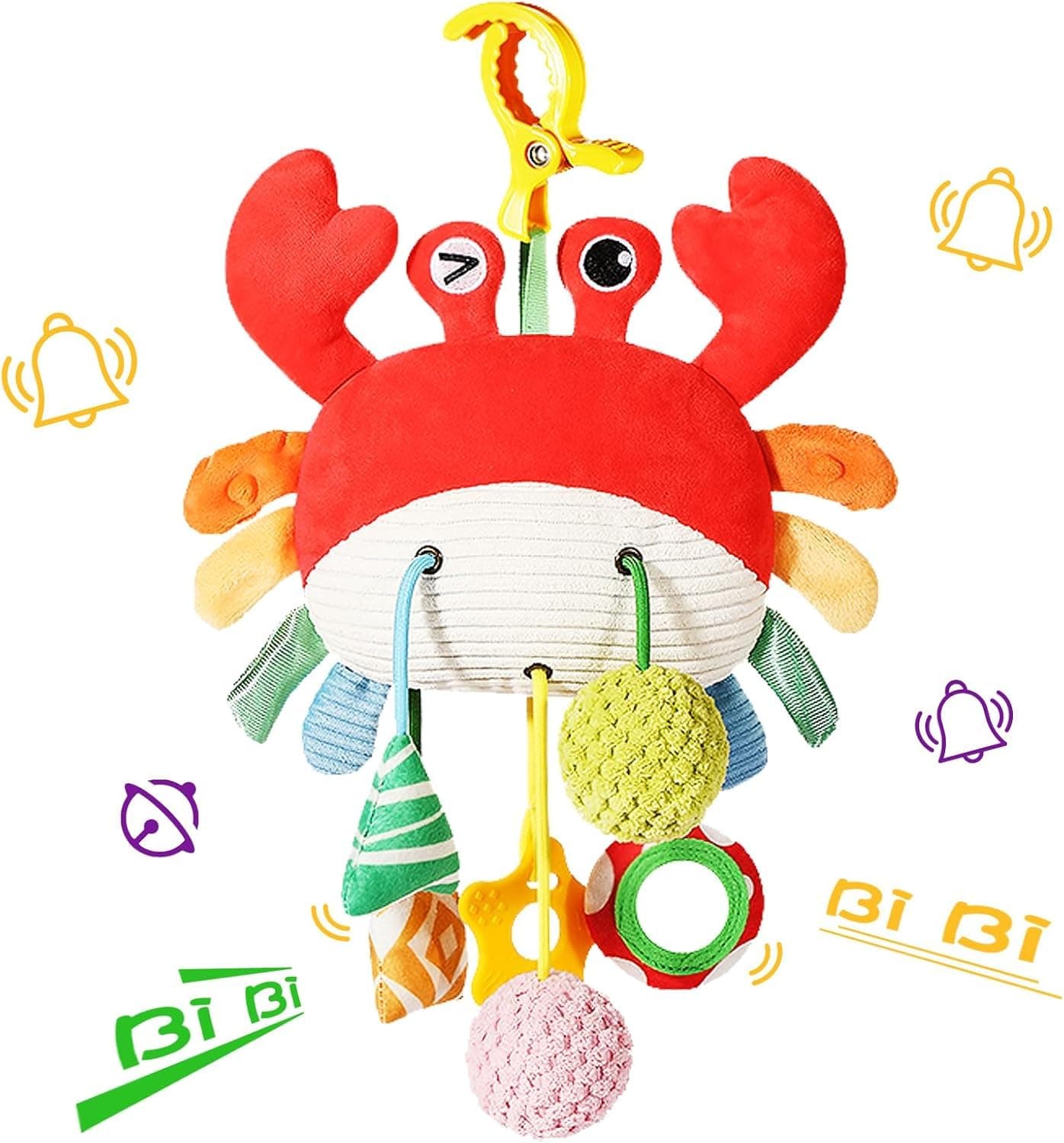 BOOM Car Seat Toys for Babies,Baby Soft Hanging Rattle,Crab Stroller Toy with Clamp,Car seat Toys Hanging Baby Accessories,Rattle Mirror Crib Carseat Toy for Infants 6-12 Month, Gifts for Infant