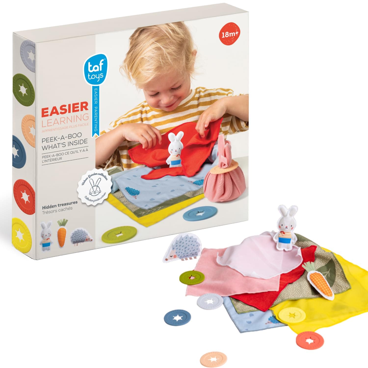 Taf Toys Hide and Seek Game - Animal Discovery Hide & Seek for Toddlers & Little Kids - Includes 6 Silicone Fasteners, 3 Fabric Hiding Toys (Rabbit, Carrot, Hedgehog) & 6 Fabric Squares - Indoor Play
