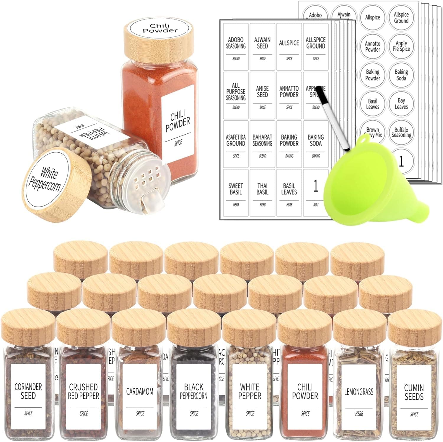 Arabest 24 Glass Spice Jars with Bamboo Lids Labels,4oz Empty Square Spice Containers Set,Food Storage Containers Jars,Silicone Funnel,Seasoning Storage Bottles for Spice Rack,Cabinet,Drawer
