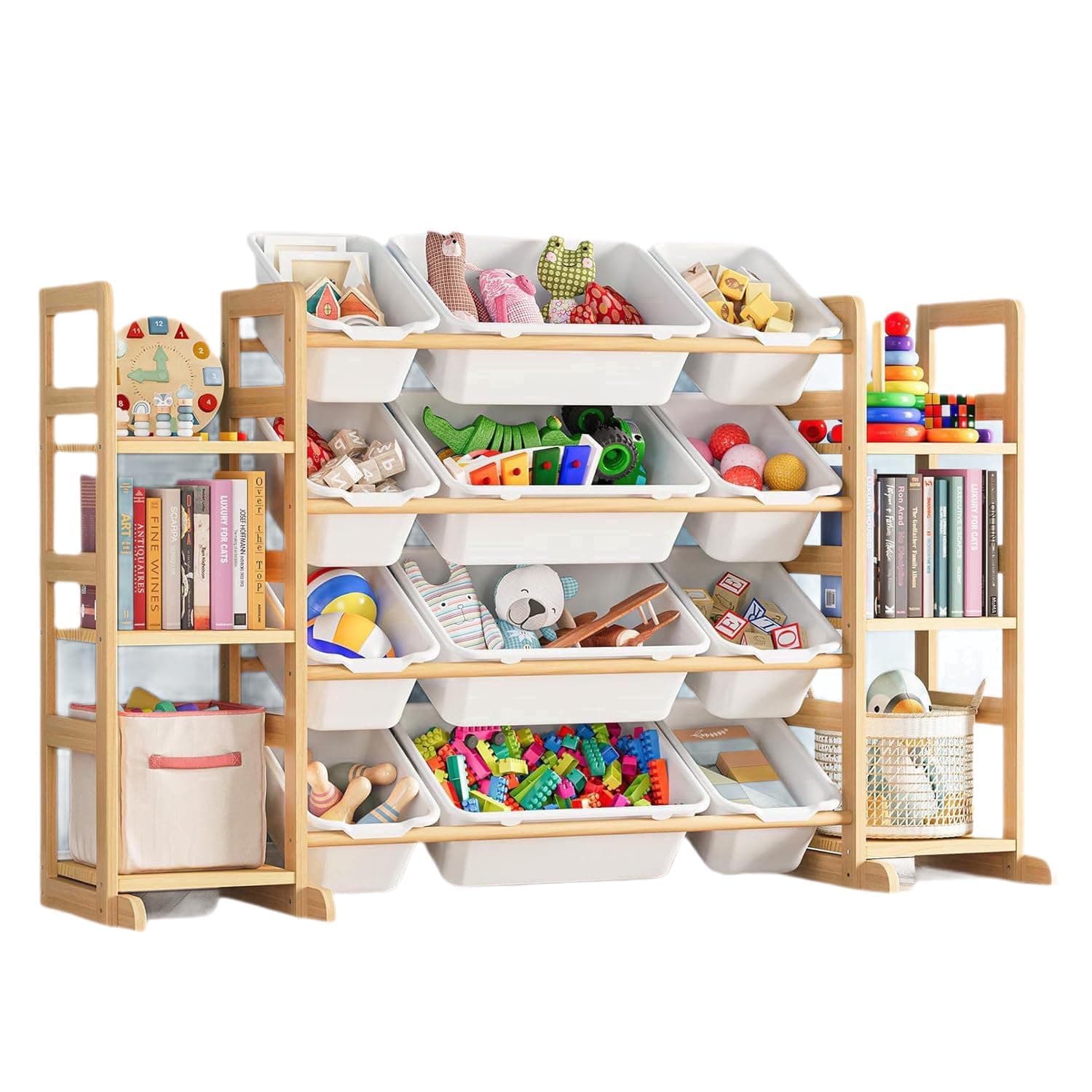 Beauenty Kids Toy Storage, with 4 Tiers 12 Bins, Large Capacity Wooden Toy Shelf with Bookshelves, Smooth Edge Design for Child Safety, Modern Toy Storage Rack for Playroom, Bedroom,Kids Room