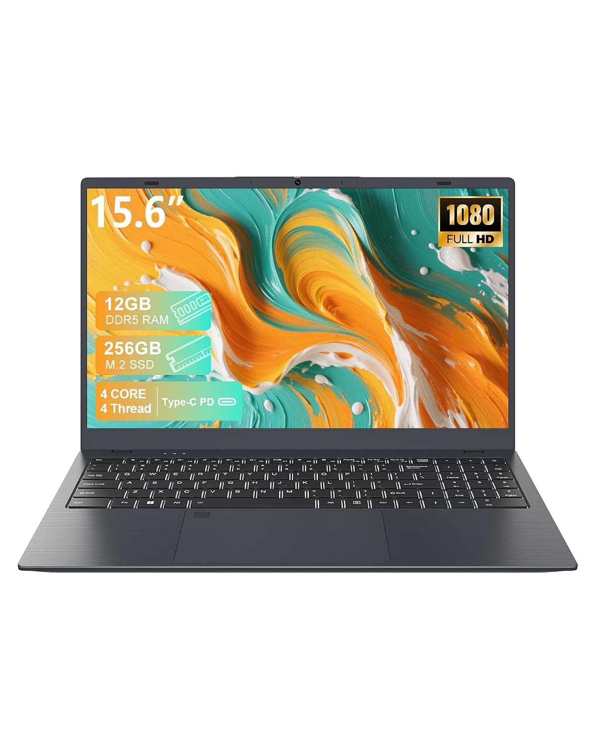 15.6" Laptop Notebook, N95 Processor (Beats N5095), 12GB+256GB SSD, FHD IPS, WiFi 6, Bluetooth 5.2, 180° Hinge, USB-C, USB 3.0, Built-in Webcam