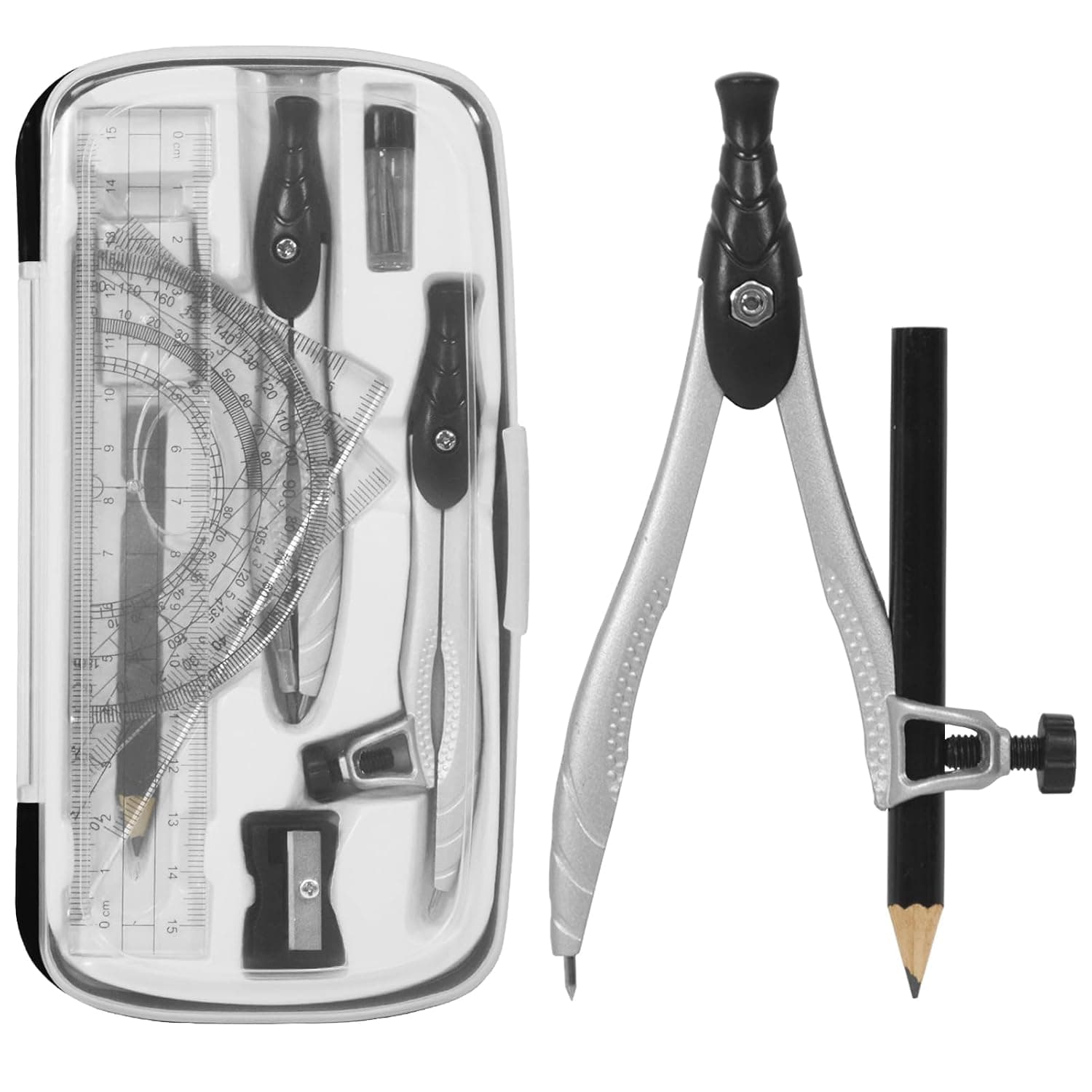10 Pcs Premium Geometry Drawing Tool Set, Precision Metal Compass Protractor Triangle Ruler & Sharpener, Complete Drafting Equipment with Storage Box for School Student Math and Engineering Drafting