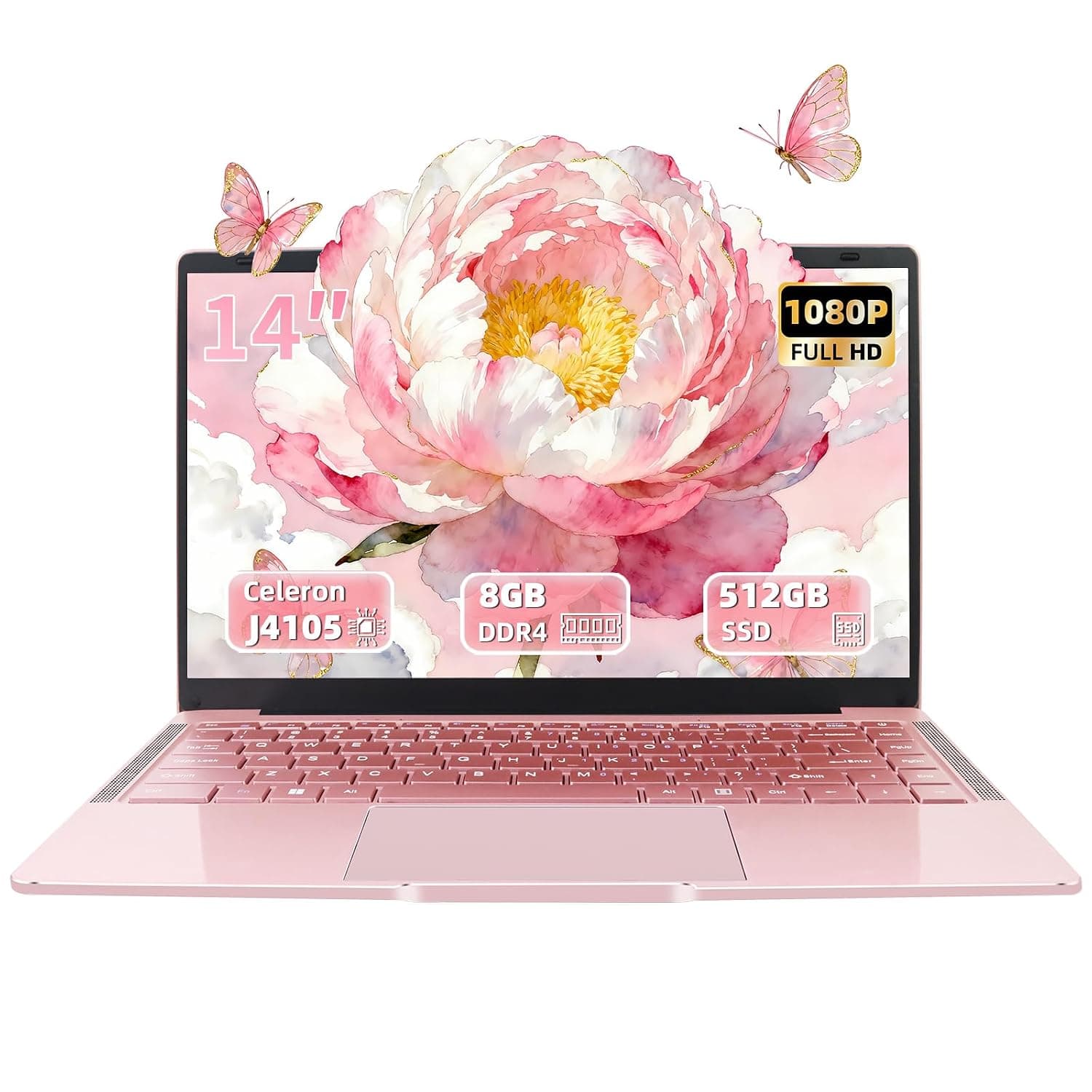 14 Inch Laptop Rose Gold, 8GB DDR4 RAM, 512GB SSD, Quad-Core Celeron J4105 | Processor faster than N4000/AMD 3020e, FHD IPS, HDMI, Wi-Fi, Bluetooth, ultra-light and portable notebook for students