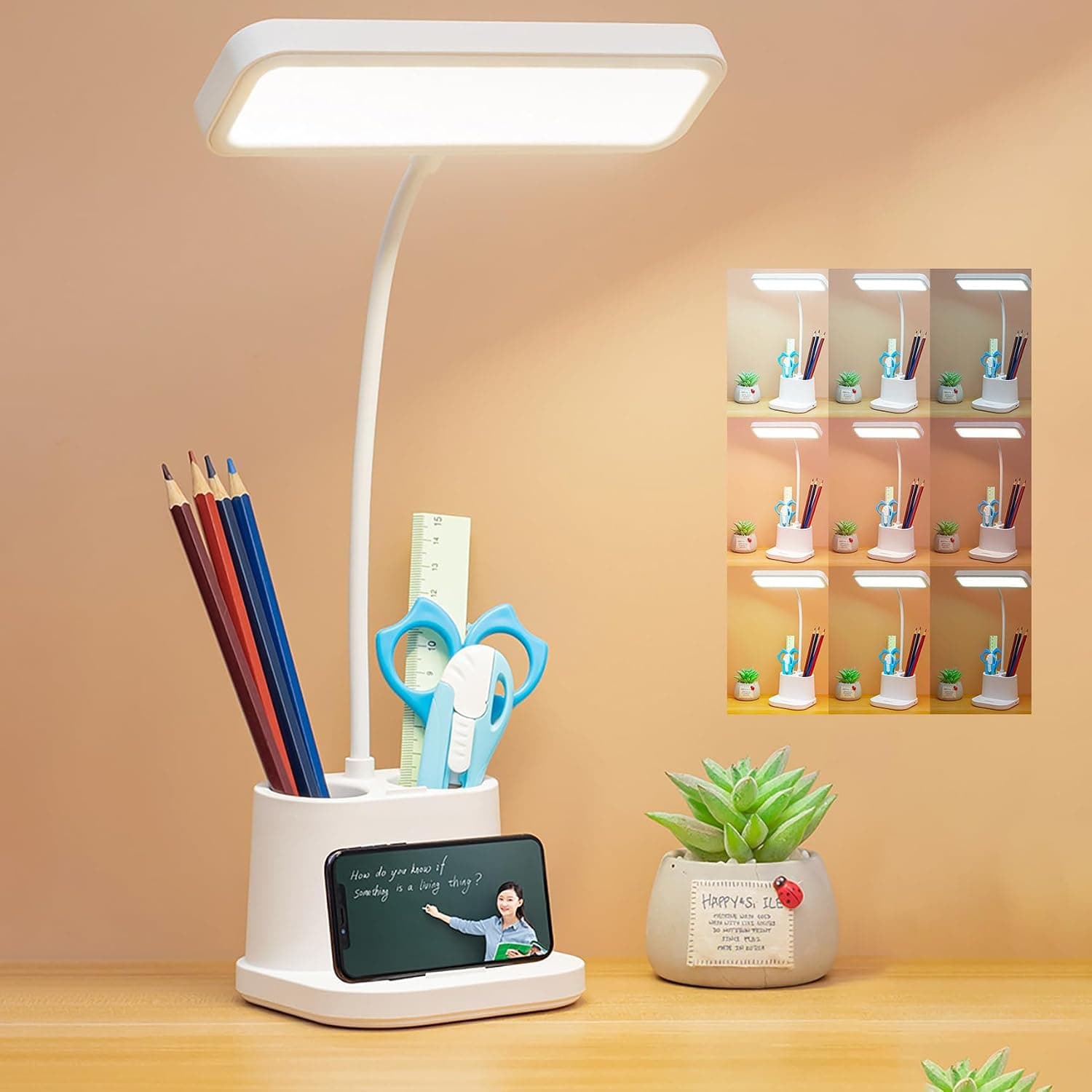 Rechargeable LED Desk Lamp – 3 Light Modes & Dimmable Brightness, Eye-Caring Study Lamp with USB Charging Port, Pen Holders & Phone Stand – Small Table Lamp for Home Office, Reading, or Study