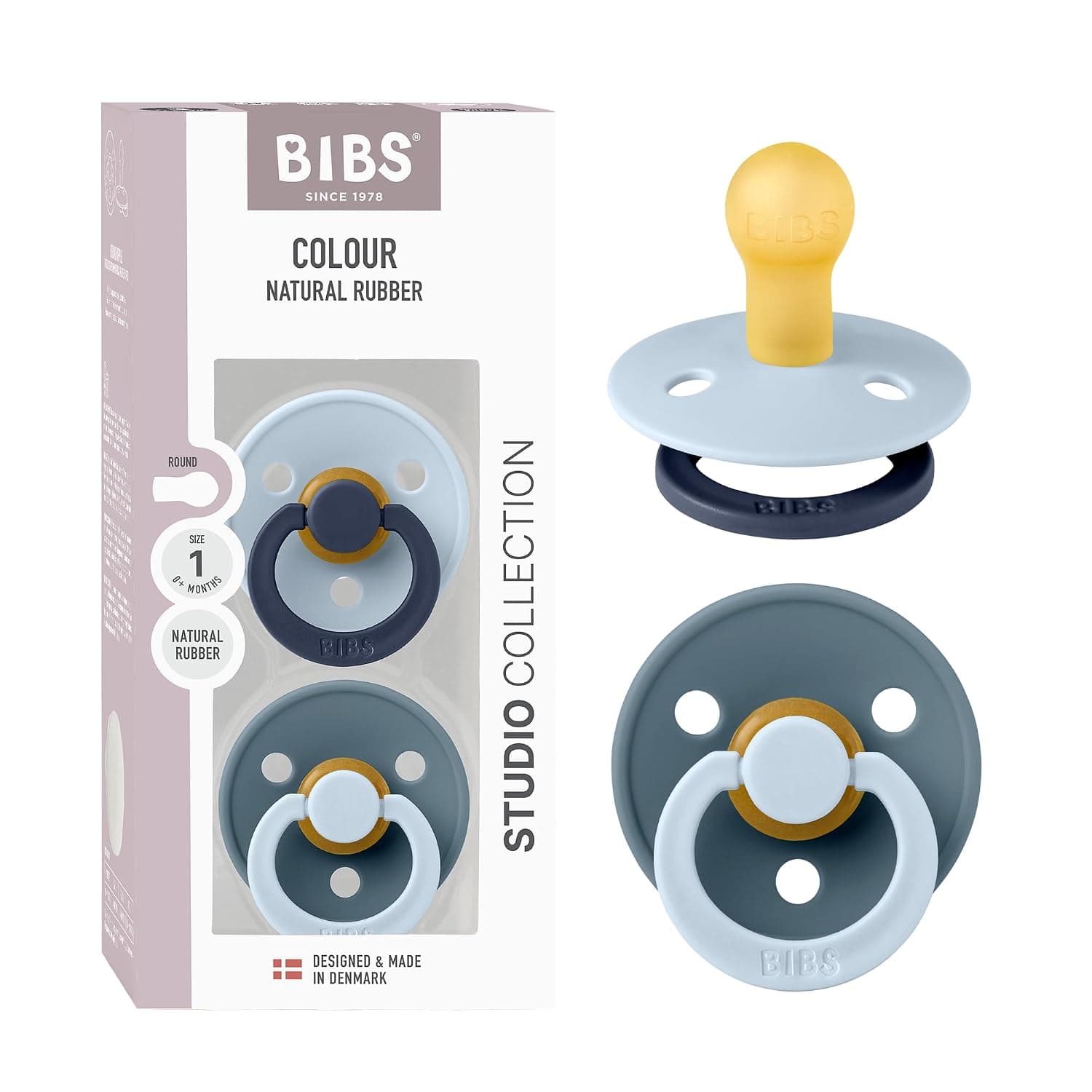 BIBS Studio Colour Pacifier 2-Pack Size 1 – Baby Blue & Petrol – Latex Soothers for Newborns
