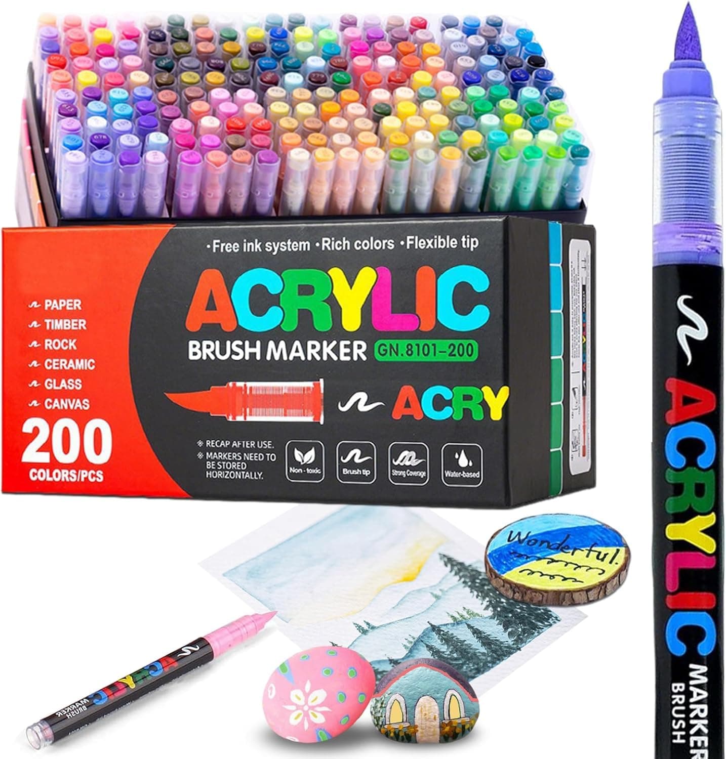 200 Colors Acrylic Paint Pens - Soft Brush Tip Acrylic Markers, Quick-Drying Waterproof Paint Markers for Canvas, Wood, Metal, Ceramic, Stone, Egg, Rock Painting and DIY Art Crafting