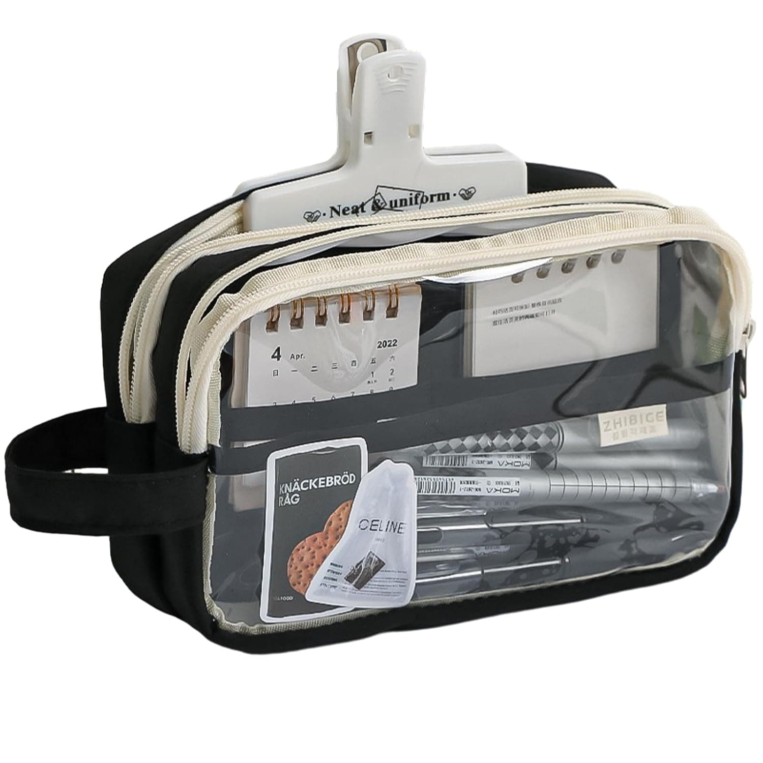 Simple And Transparent Large Capacity Pencil Case, Student Multi-Layer Pencil Storage Box-black