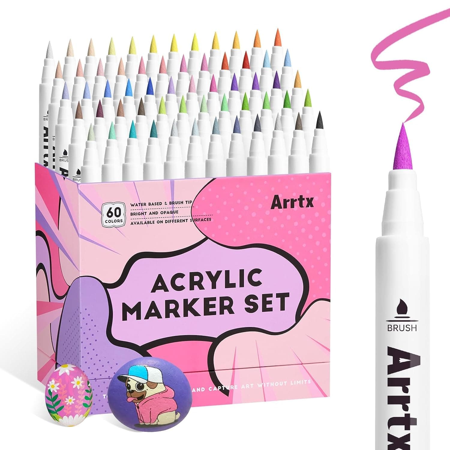 Arrtx 60 Color Paint Markers, Acrylic Paint Pens for Artists, Adults Coloring, Drawing, Cartoon, Anime, Comic - Brush Tip for Rock Painting, Wood, Canvas, DIY Crafts Making Art Supplies-60B