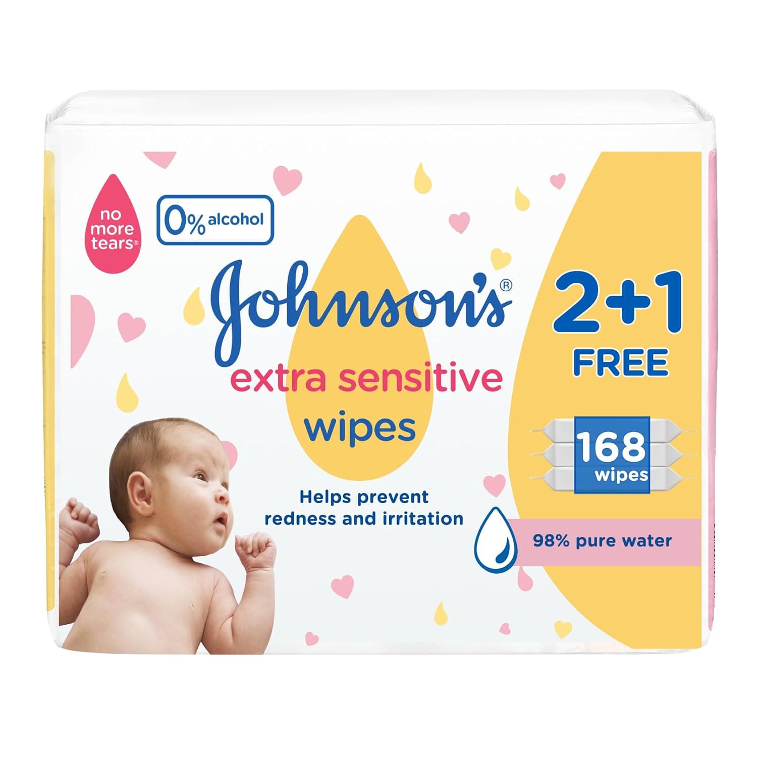 Johnson’s Extra Sensitive Baby Wipes, 98% Pure Water, Hypoallergenic, Fragrance, Alcohol & Dye Free, No More Tears Formula, 168 Wipes, Pack of 3
