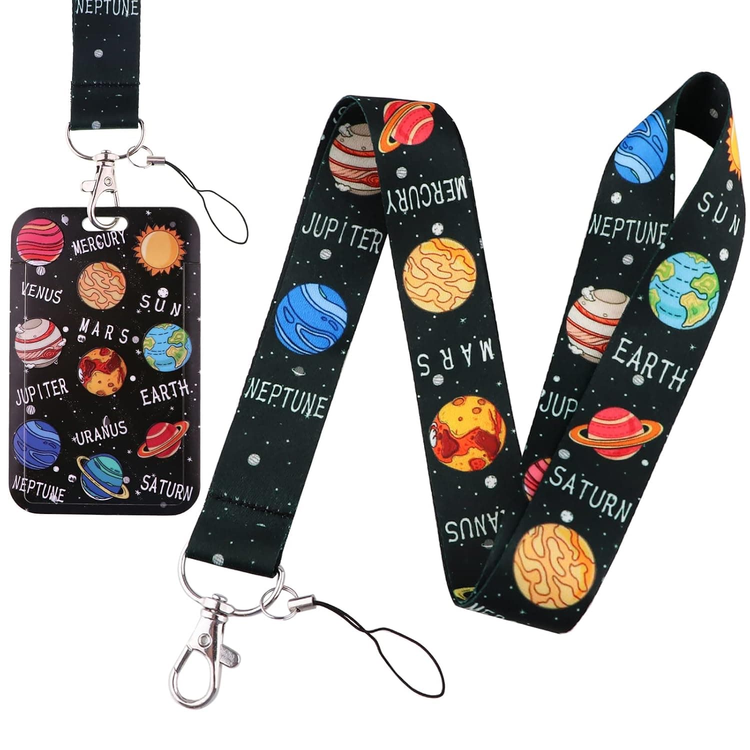 Cool Badge Holder for ID, Keys - Galaxy School Name Tag Card Keychain Lanyard for Men, Women, Teens, Boys (Planet, Black)