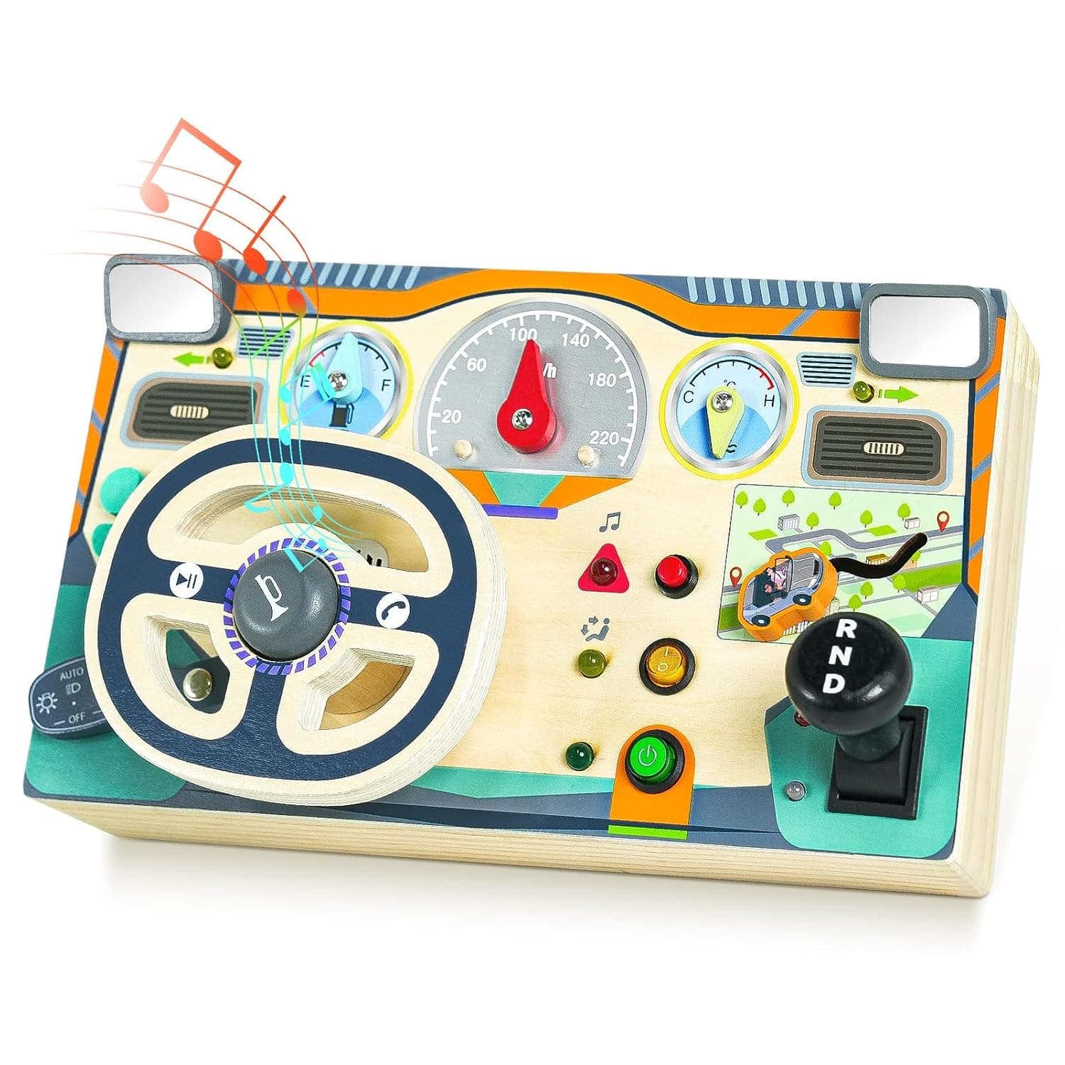 Montessori Wooden Busy Board with Steering Wheel Driving Toys, Sensory Activity Boards for Toddlers, Car Themed Fidget Toy with Lights, Switches Windmill Spinner, Travel Gift for Boys Girls