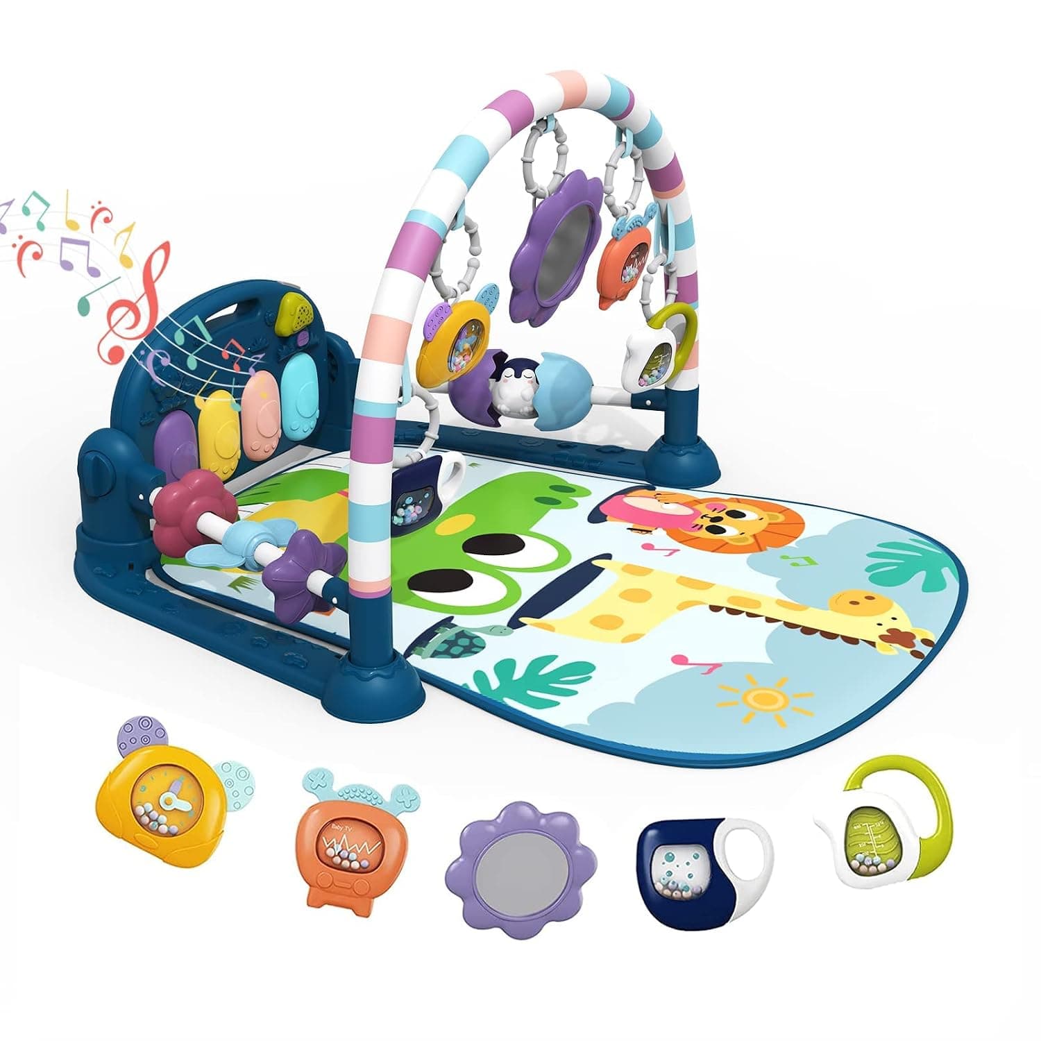 dearlomum Baby Play Mat Gym, Funny Play Piano Tummy Time Activity Mat with 5 Infant Sensory Toys, Music and Lights, Boy & Girl Gifts for Newborns 0 to 3 6 9 12 Months(New Blue)