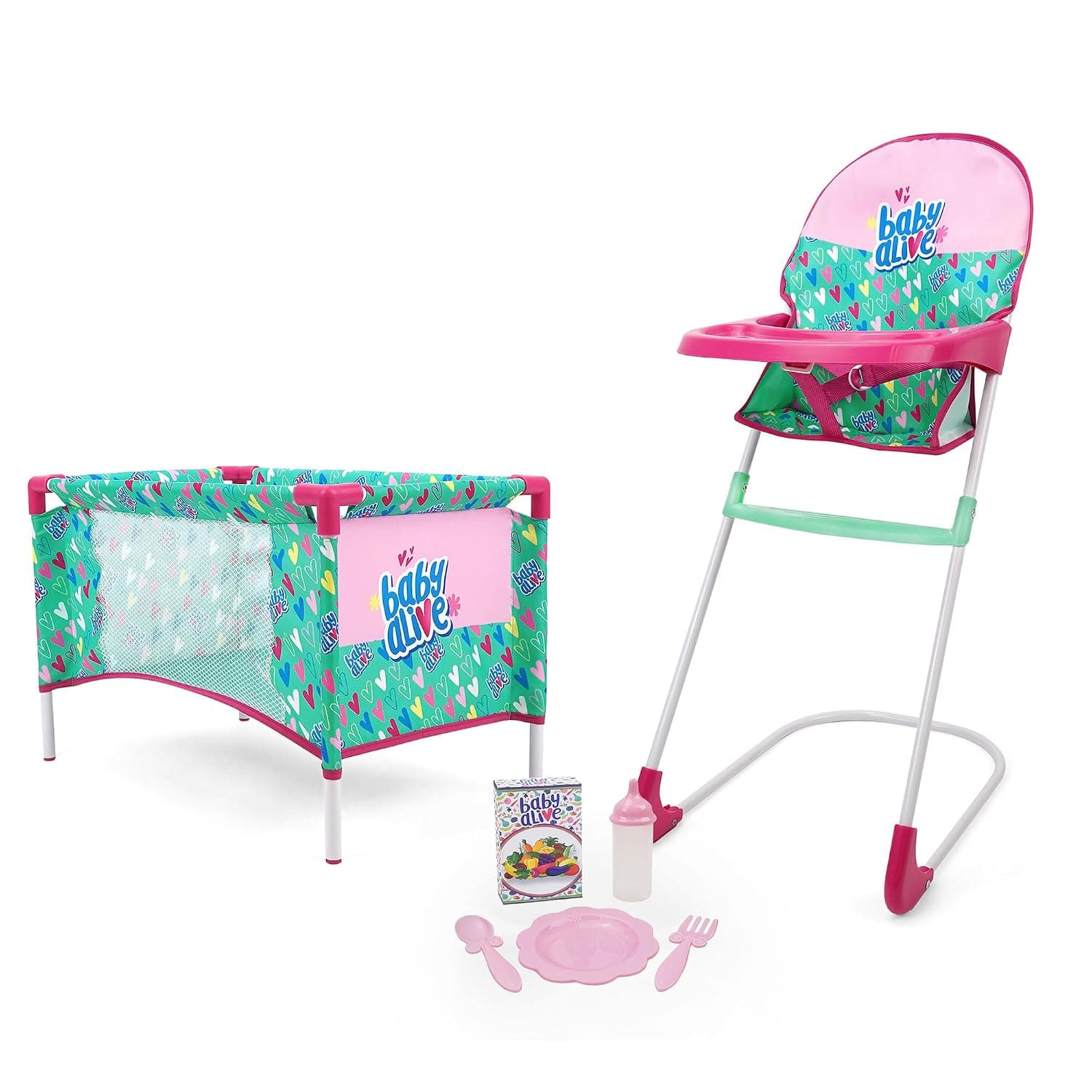 Baby Alive: at Home Set - 7pcs - Green, Pink, Hearts - Play Yard, Highchair, Feeding Accessories, Playset for Dolls Up to 18", Kids Toy, Ages 3+