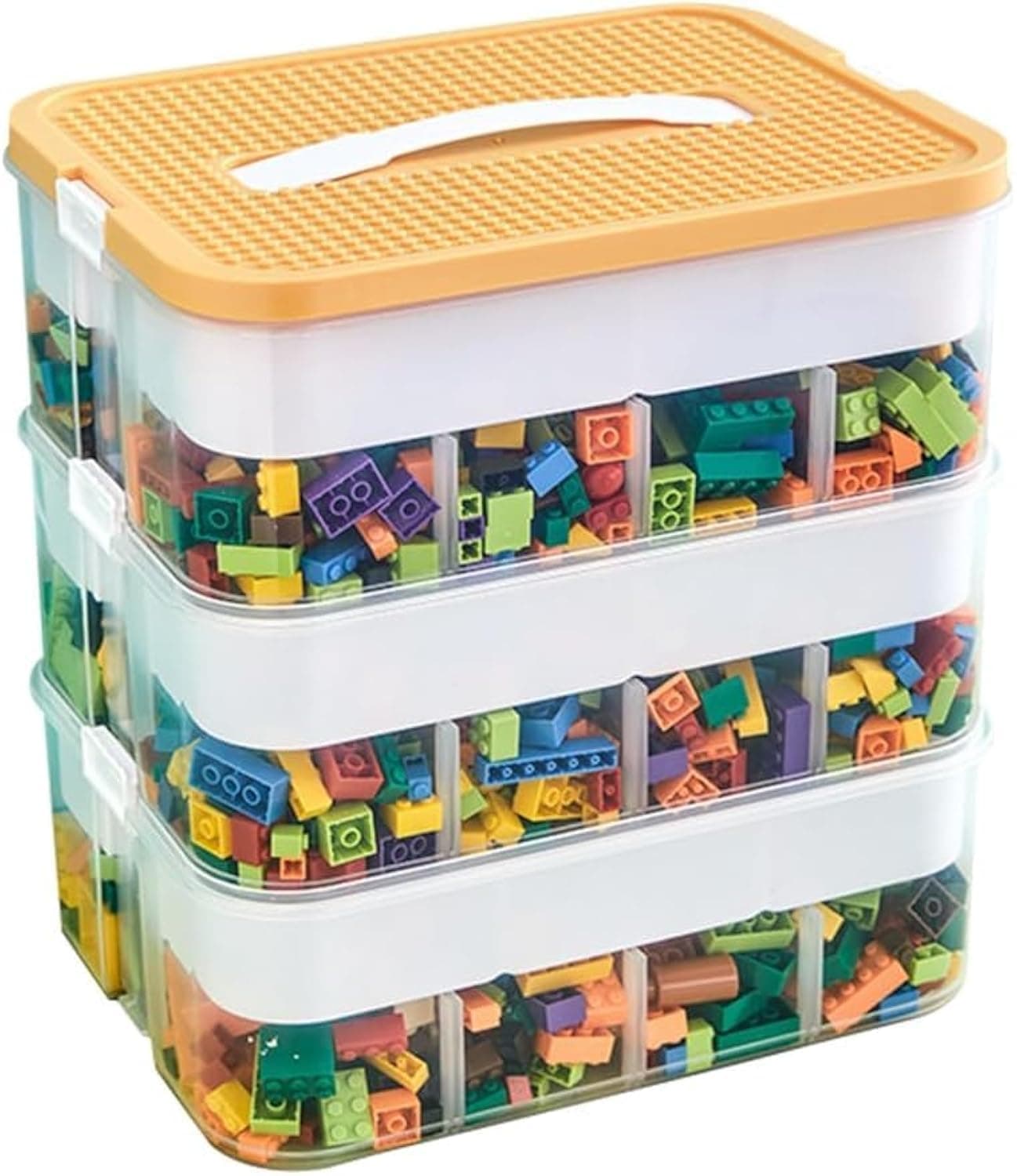 Toy Organizer Bins with Compartments,3 LayersToy Storage Box,Building Blocks Storage, Storage Containers for Building Brick Storage, Plastic Stackable Organizer Bin Toy Chest (Yellow)