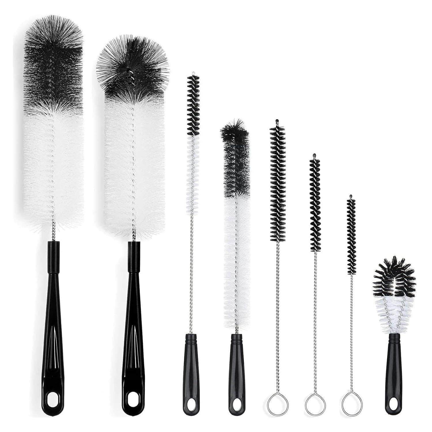 8-Pack Bottle Cleaning Brush Set with Long Handle, Narrow Neck Cleaner for Wine Bottles, Baby Bottles, Thermos, Hummingbird Feeders & Tubes, Includes Various Size Brushes (BLACK)