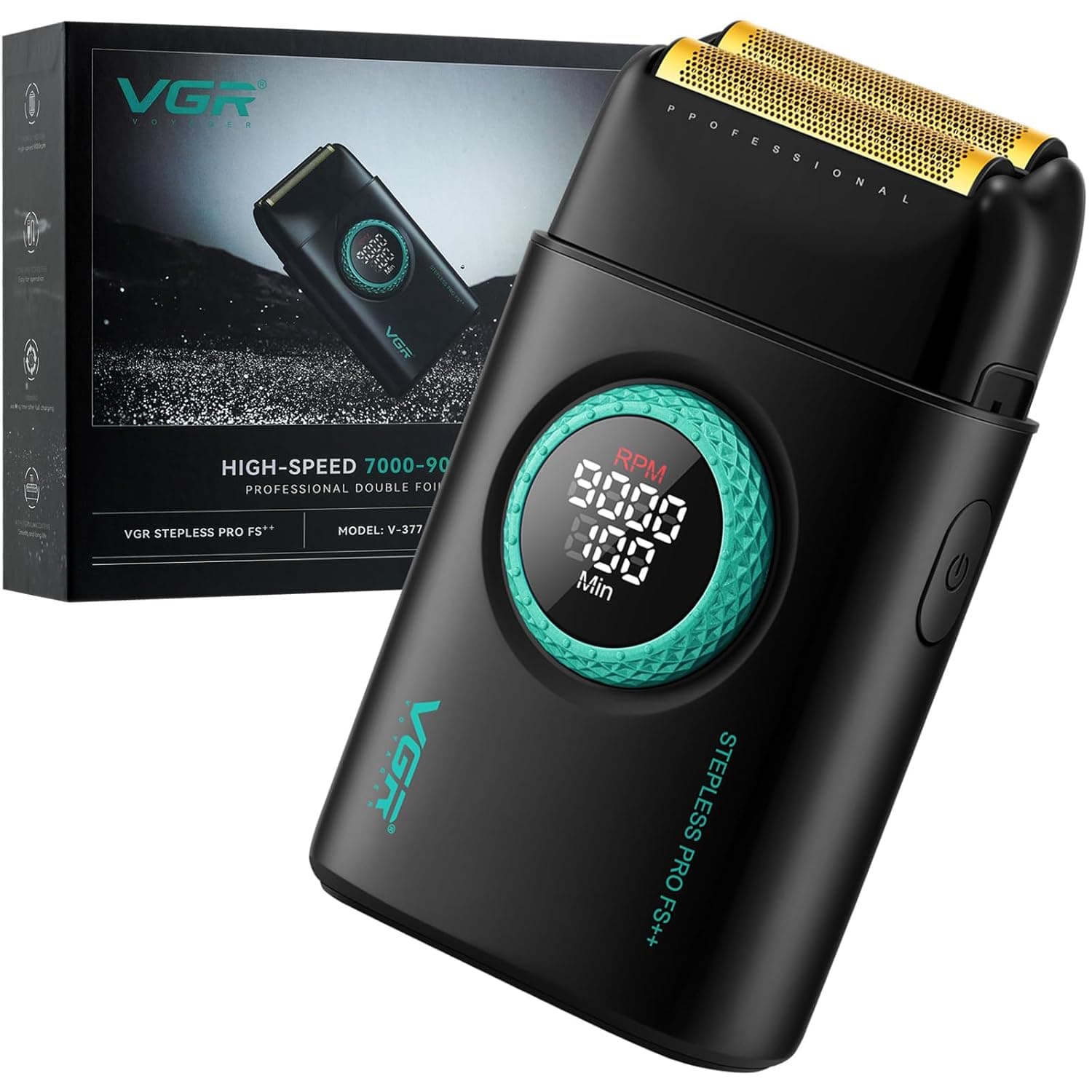 VGR 377 Foil Shaver for Men, Electric Razor for Shaving Face with Double Foil, 21-Speed 9000 RPM Motor Bald Shavers LED Display Titanium Foils, Barber Supplies (Black), Men's Gifts