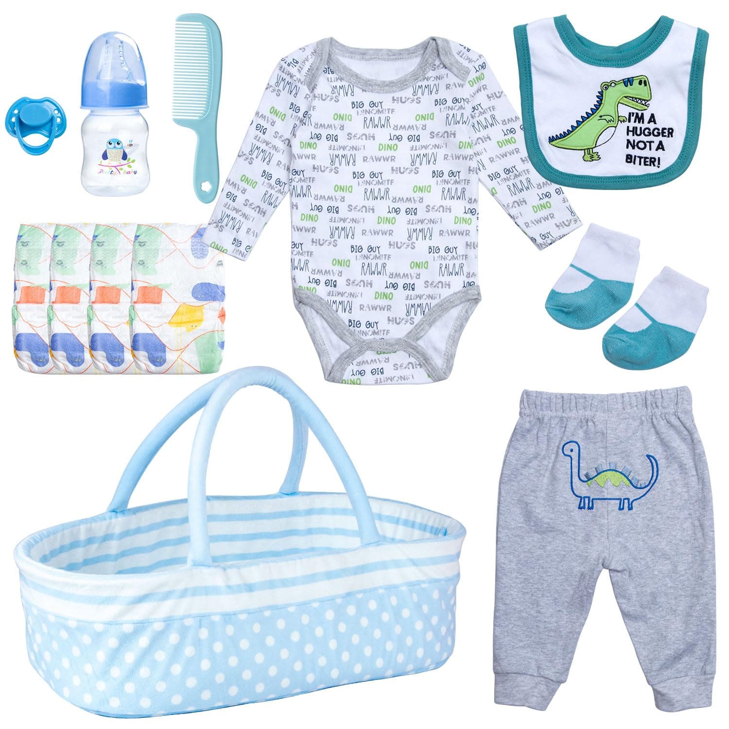 Baby Boy Doll Clothes & Bassinet Accessories Set Newborn Dolls 17-22 Inch | 20" Reborn Doll Clothing with Diapers Blue Basket Soft Sleeping Bed Dinosaur Pattern Pretend Game Toys Dress-up Costume