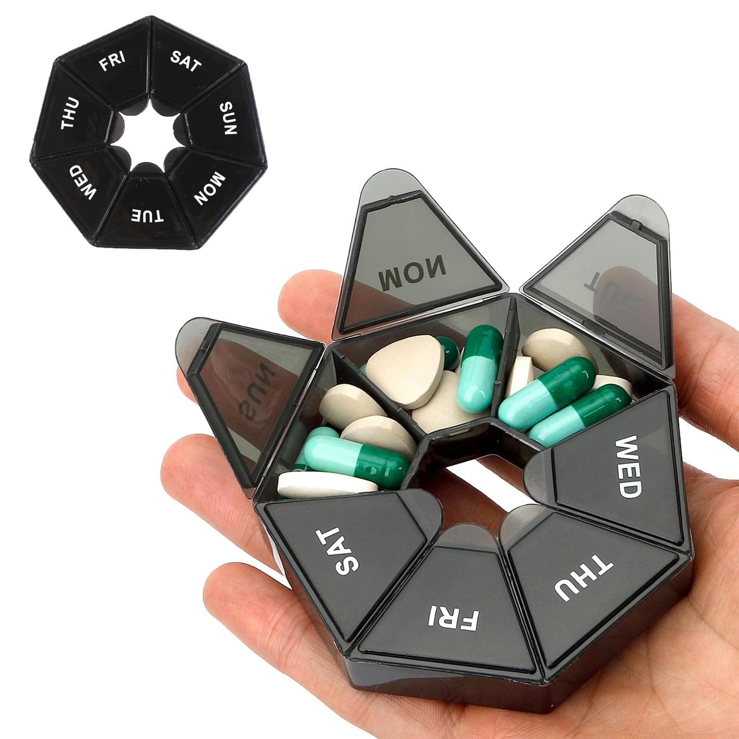 Weekly Pill Organizer, Pill Storage Box 7 Day, Pill Dispenser with Seven Compartments for Organizing While Traveling.Vitamin Holder for Fish Oil/Medicine/Supplements,Black