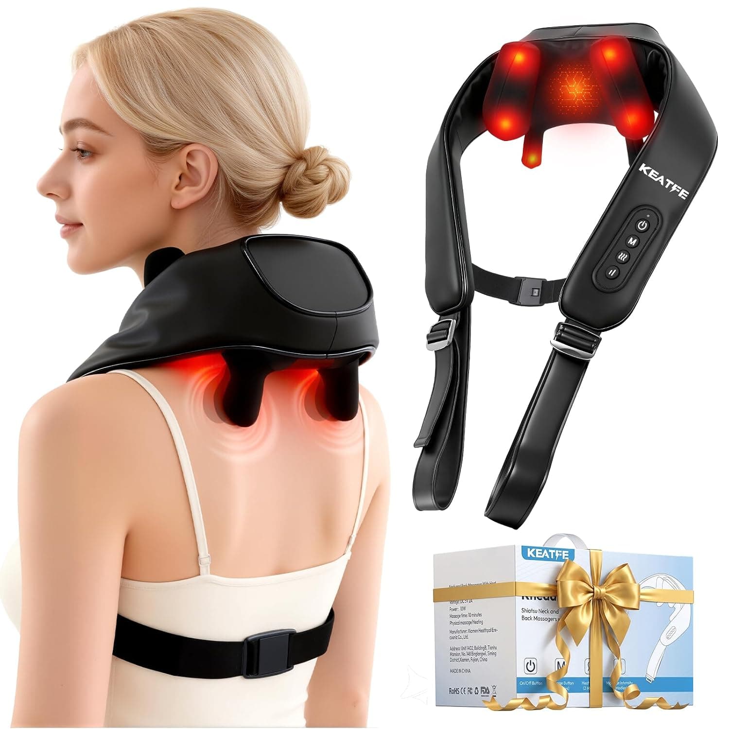 Shiatsu Neck and Shoulder Massager with Heat, Kneading & Tapping Massage Machine for Neck Deep Tissue Relaxation, Portable Back Massager with 3 Speeds & Hands-Free Strap, Gifts for Men Women