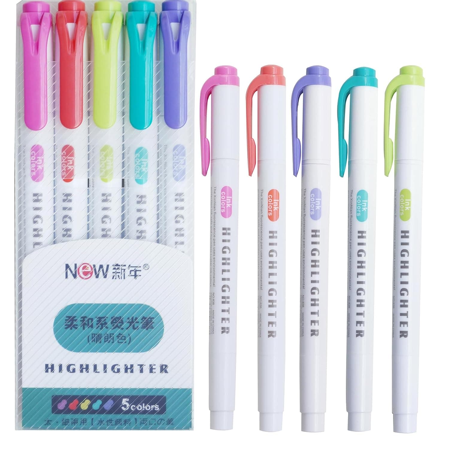 Double Ended Highlighter Set, Chisel and Bullet Tips, Assorted Ink Colors, 5-Pack