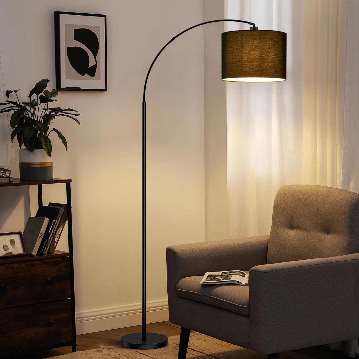 Modern Floor Lamp with App& Remote Control - 3 Color Temperatures & Stepless Dimming, Adjustable Lampshade, 12W LED Bulb Included for Living Room, Bedroom, Office - Tall Standing Light (Black)