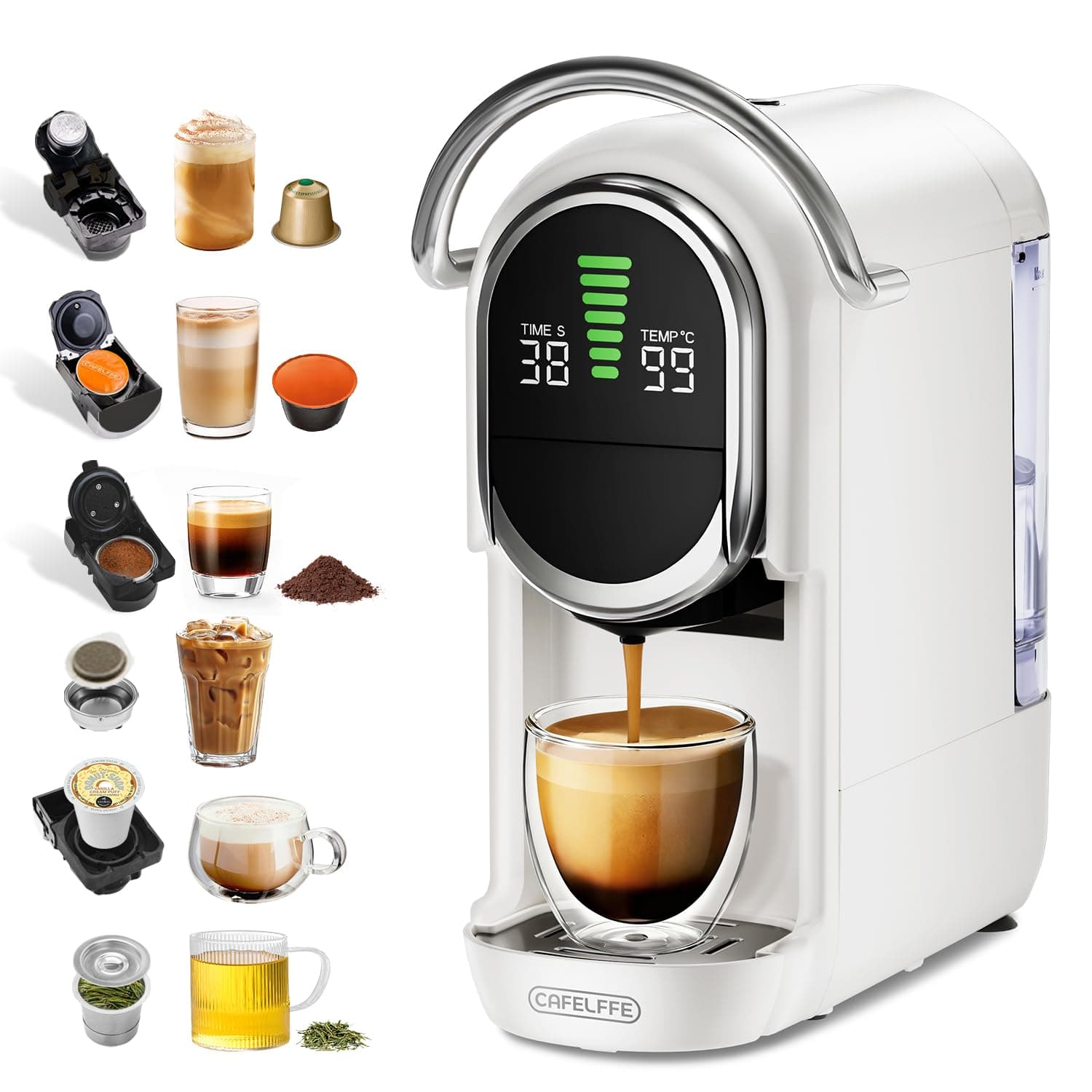 Cafelffe MK-609S 6-In-1 Capsule Coffee Machine Maker, 7 Water Size & Hot/Cold Brew, 19 Bar Espresso Machine,Nes Original/DG/ESE/K Cup Pod/Tea/Ground Compatible,1450W
