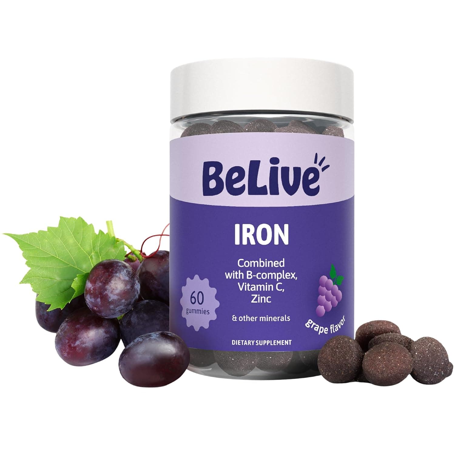 BELIVE Iron Gummy Bears - Against Iron Deficiency, for Blood & Energy - Iron Gummies with Vitamin C, A, Five B Vitamins - Vegan, No Gelatin - Delicious Grape Flavour - 60 Fruit Gummies