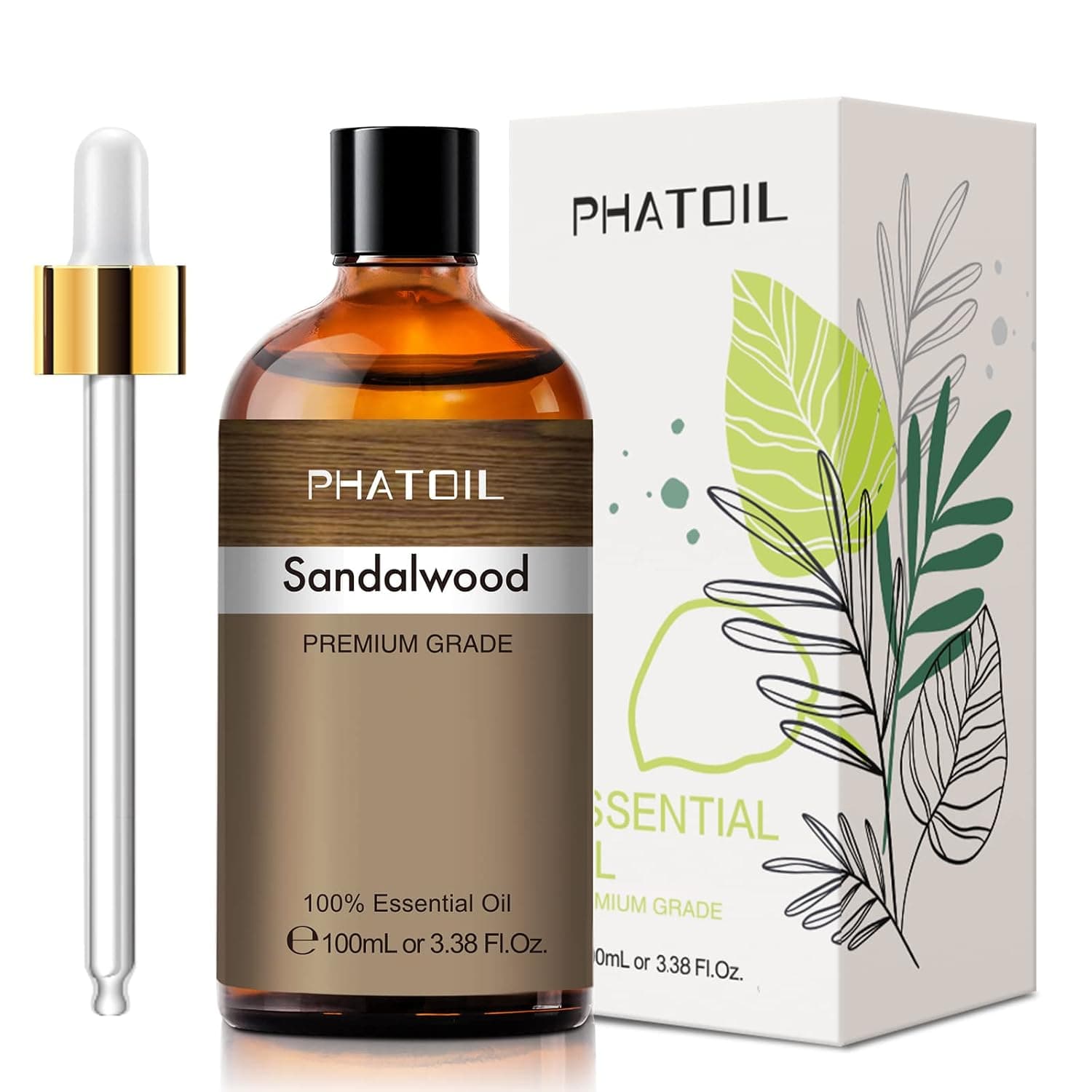 PHATOIL Sandalwood Essential Oil 100ML, Pure Premium Grade Sandalwood Essential Oils for Diffuser, Humidifier, Aromatherapy, Candle Making | Sandalwood Oil for Aromatherapy Humidifier, Air Freshening, Skin, Yoga, Long Lasting Essential Oils for DIY Scent Project