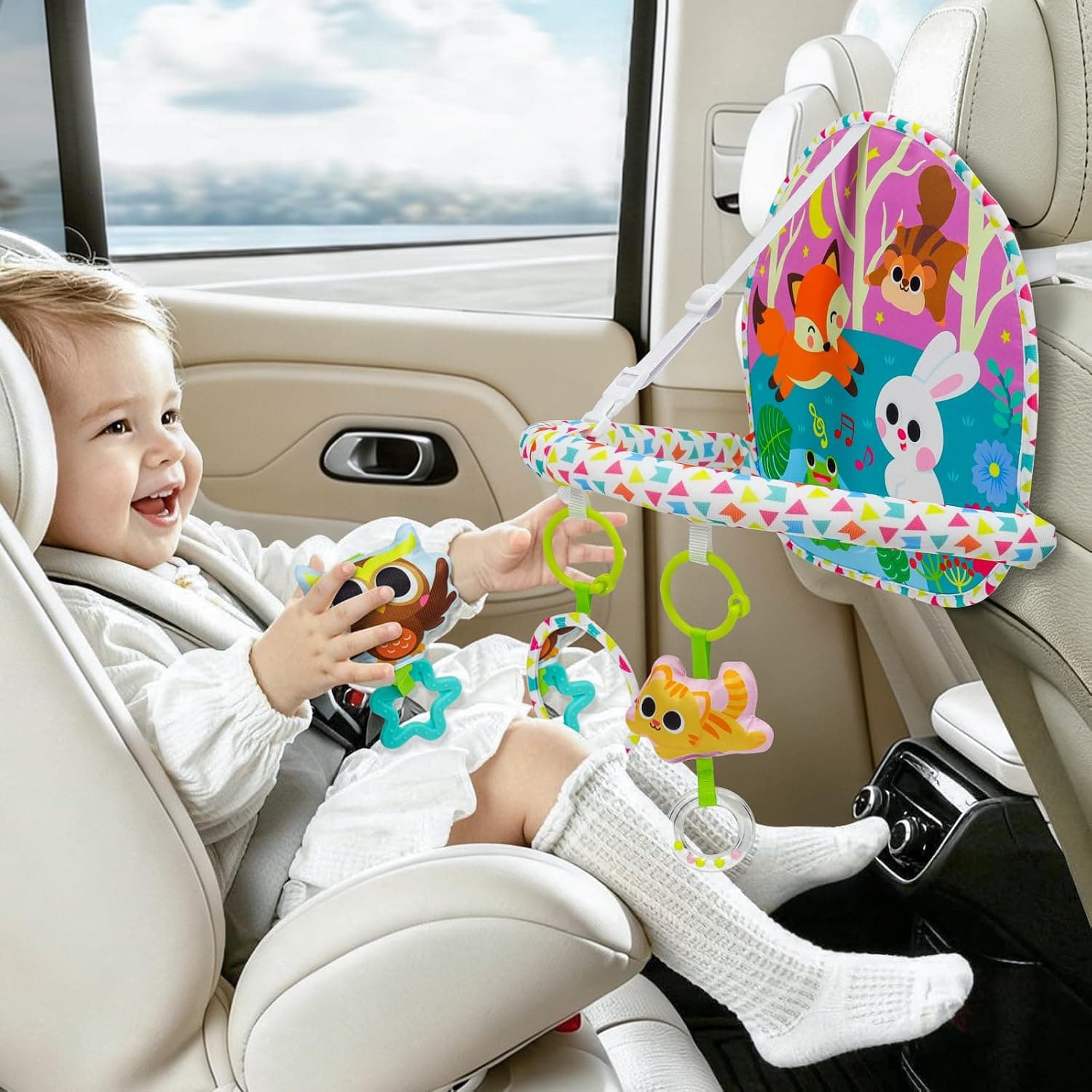 OKOOKO Car Seat Toy Rear Facing Car Seat Toy Baby Travel Toy Double-Sided with Baby Mirror Plush Toys Rattle Teether Thickened Pad Adjustable Sensory Toy for Newborn Baby Infant