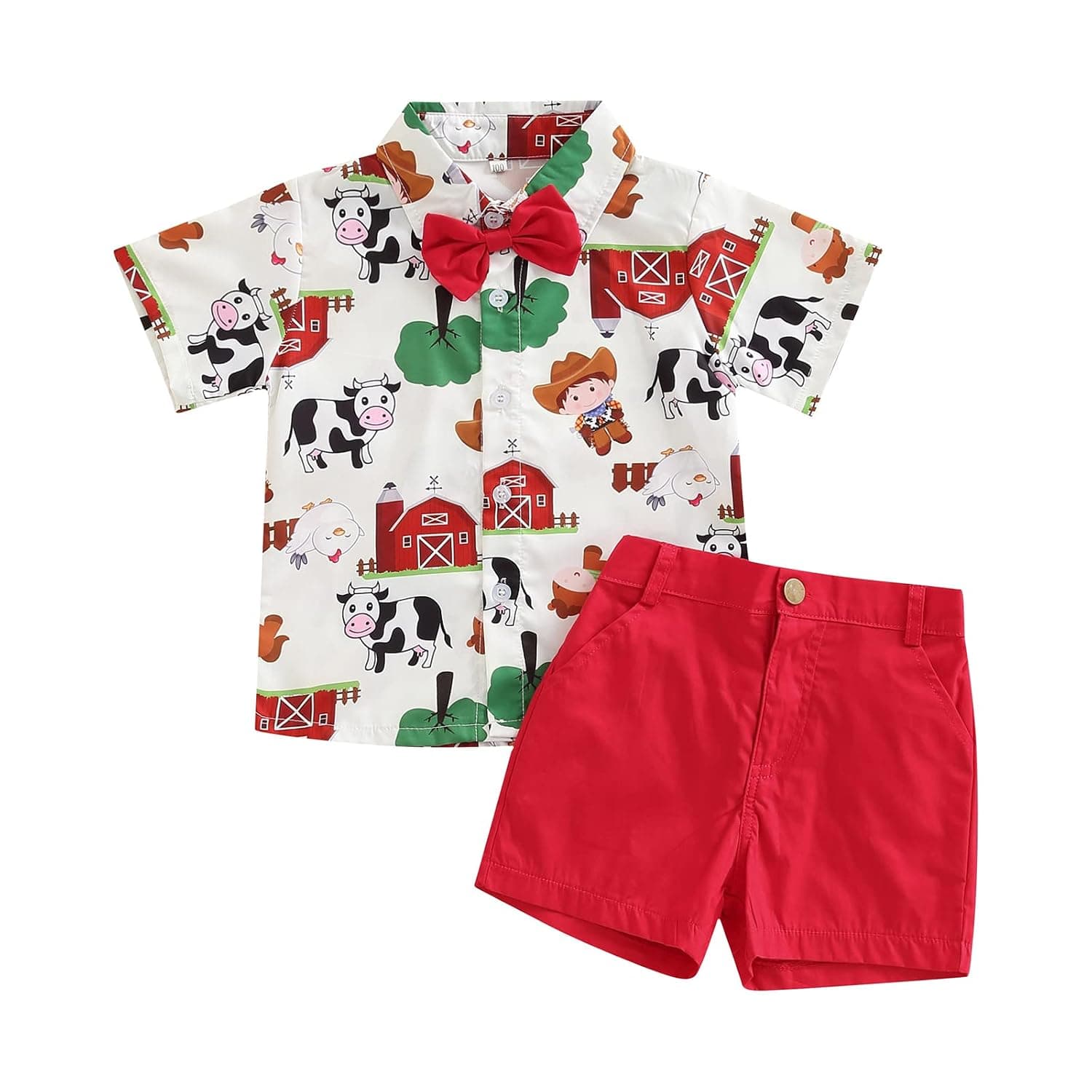 VISGOGO Toddler Boys Outfits Farm/Circus Cartoon Animal Print Shirts with Bow Tie Shorts Set