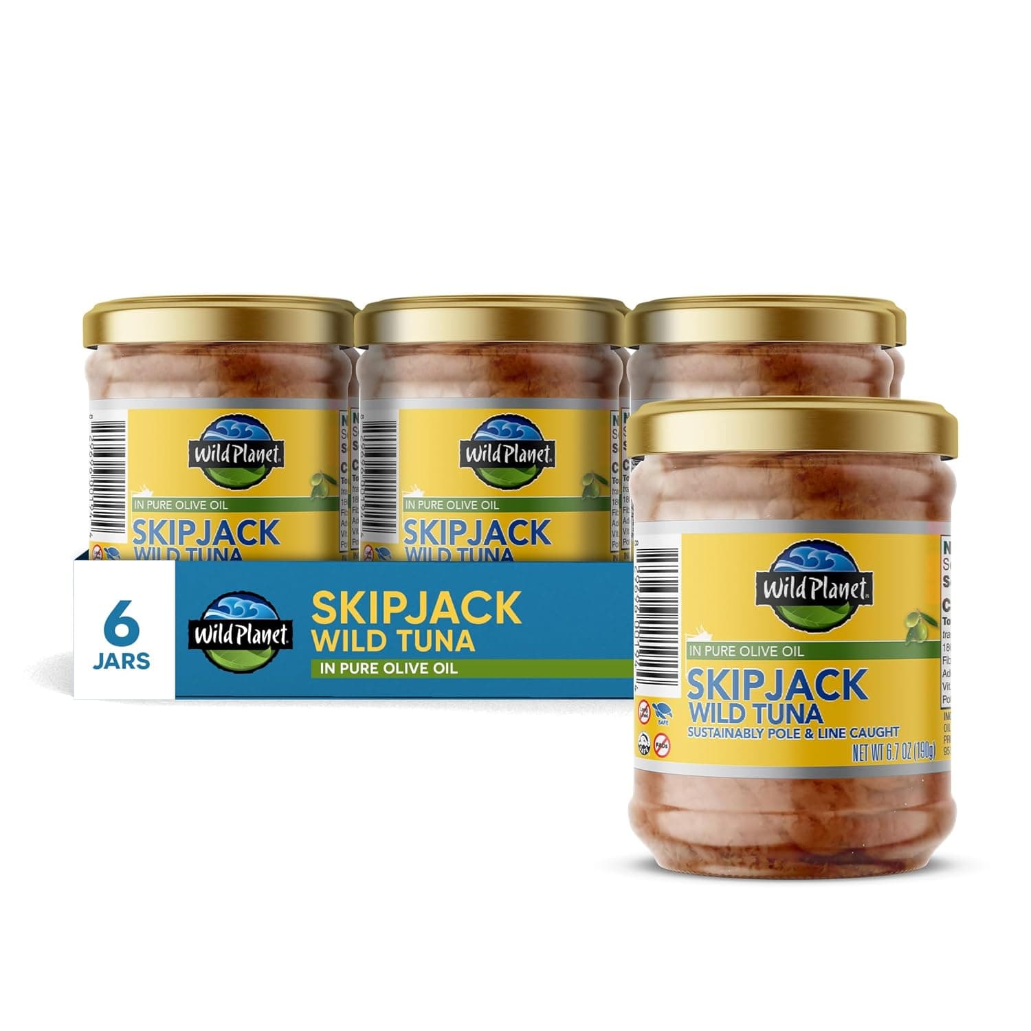Wild Planet Wild Skipjack Tuna In Pure Olive Oil, Keto & Paleo, 3rd Party Mercury Tested, 6.7 Ounce (Pack of 6) | Sustainable Pole & Line Caught Canned Tuna. Non-GMO, Gluten Free, Kosher, Dairy Free, Keto & Paleo Friendly