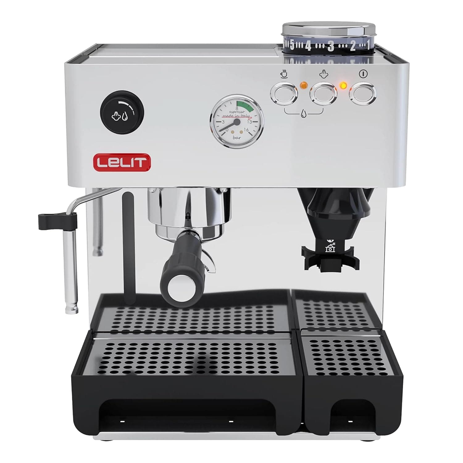 LELIT Anita Coffee Machine - With Built-in Coffee Grinder & Milk Frother - PL042EM - Polished Stainless Steel - Silver