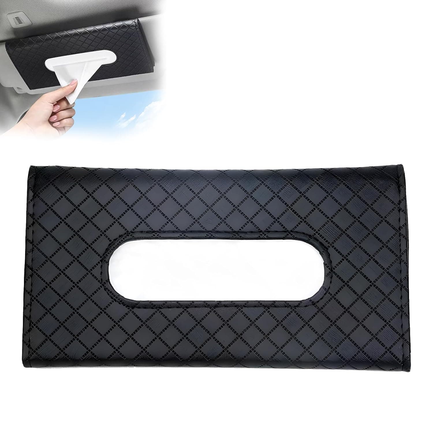 Luxury Diamond Pattern Car Tissue Holder for Visor with Facial Tissues Black | Diamond PU Leather with Velvet Lining | Allergy & Sensitive Skin Care | Slim Tissue Holder | Perfect for Commute & Road Trips