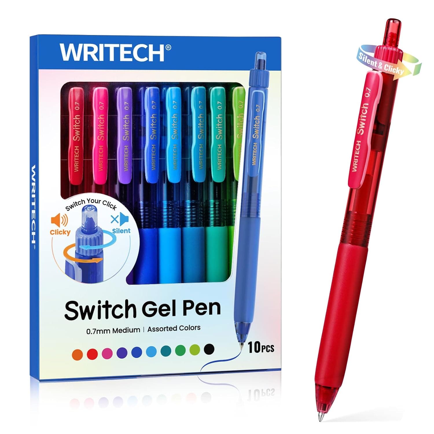 WRITECH Colored Gel Pens 0.7mm: Switch Silent Click Mode for Quiet or Click Feedback Smooth Writing Quick Dry Ink Medium Point for Note Taking Color Coding Journaling School Office Study