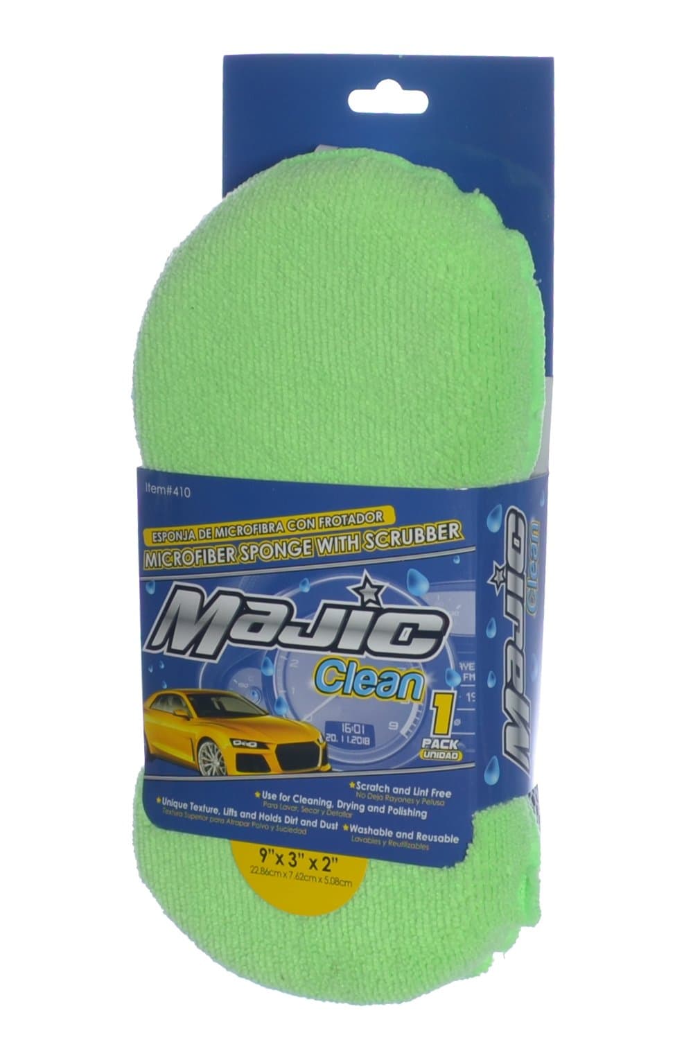 Majic Microfiber Sponge with Scrubber, 9 x 3 x 2 Inches (Green), Dual-Sided Absorbent Wash Sponge with Plush Microfiber Side and Scrubber Side for Car and Home Cleaning, Gentle on Paint, Reusable