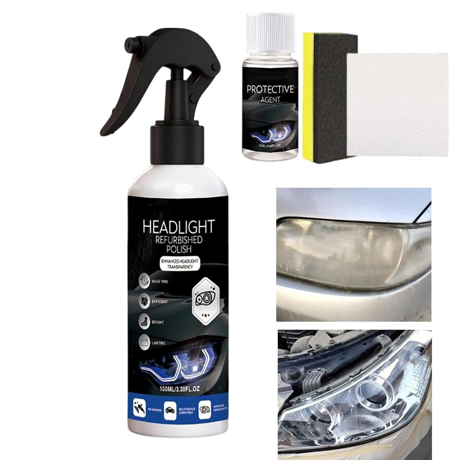 Headlight Restoration Kit Headlamp Yellowing Removal Agent | Headlight Lens Cleaner Spray for Detailers Mechanics Fleet Managers Sedans Trucks SUVs RVs Home Garage Workshop