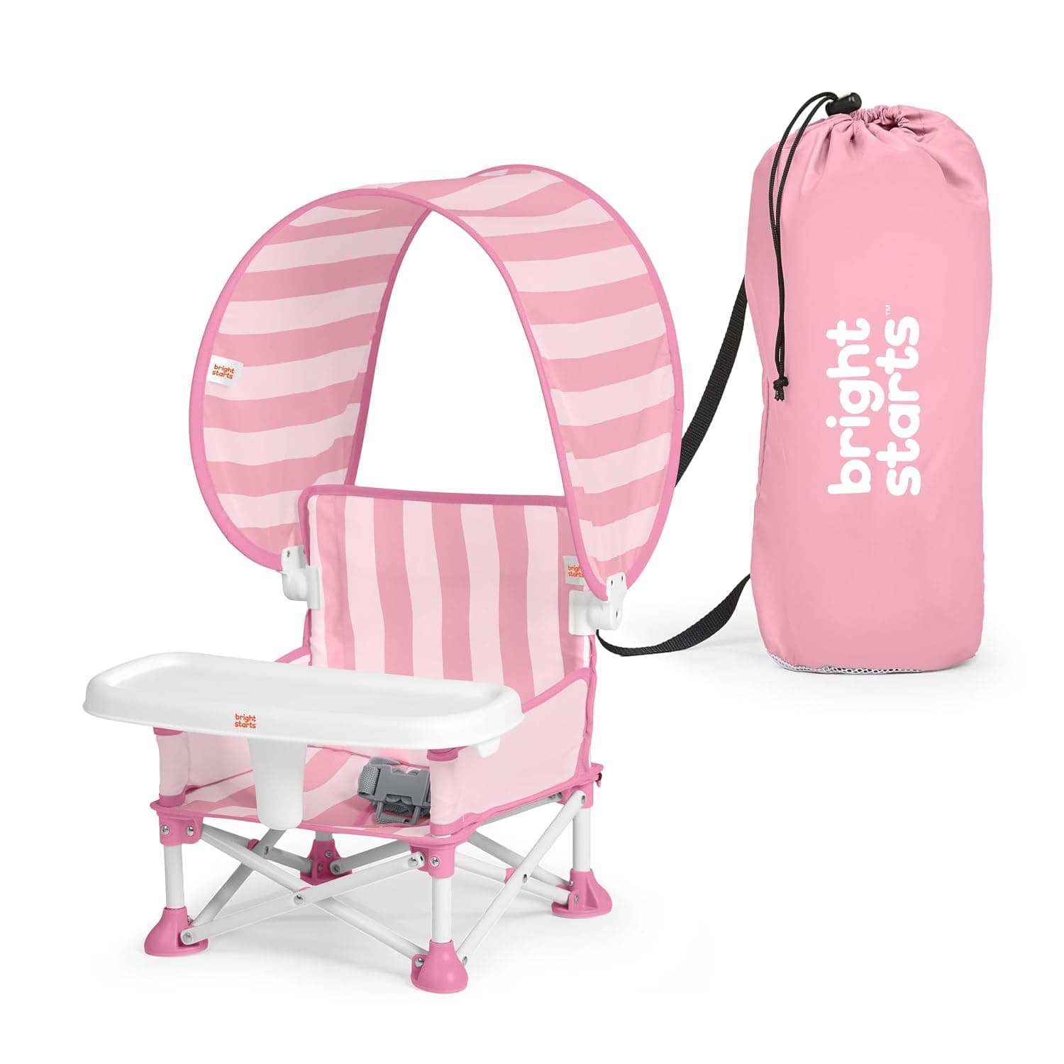 Bright Starts Pop 'N Sit Cabana Portable Booster Chair with UPF Canopy, Floor Seat for Indoor/Outdoor Use, Compact Fold, Pink, 6 Months–3 Years