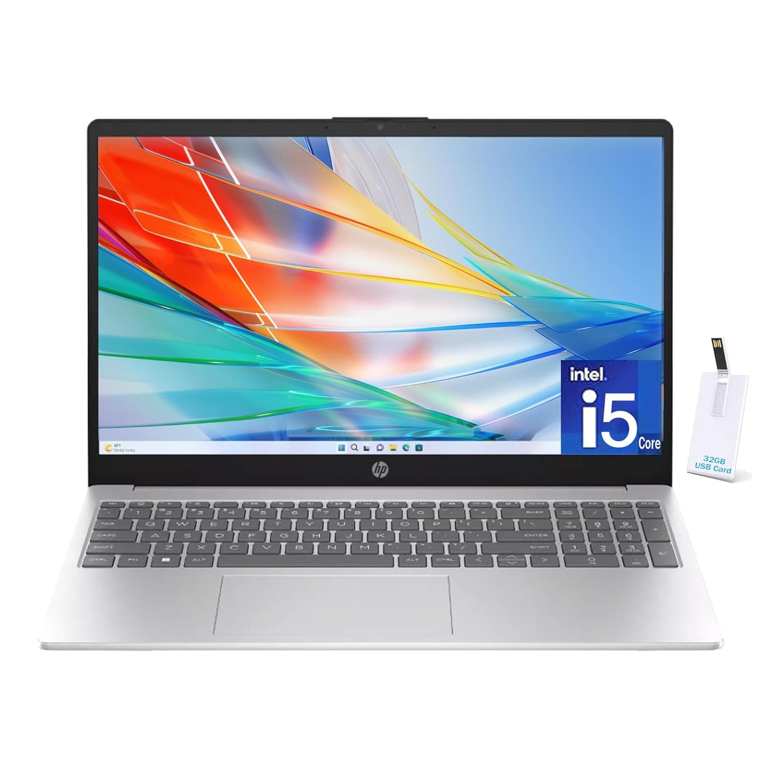HP 15.6" Laptop, 13th Gen Intel Core i5-1355U Processor, 32GB RAM, 1TB SSD, FHD Anti-Glare Display, Webcam, Numeric Keypad, Wi-Fi, Bluetooth, HDMI, Windows 11 Home, Alpacatec 32GB USB Card, Silver
