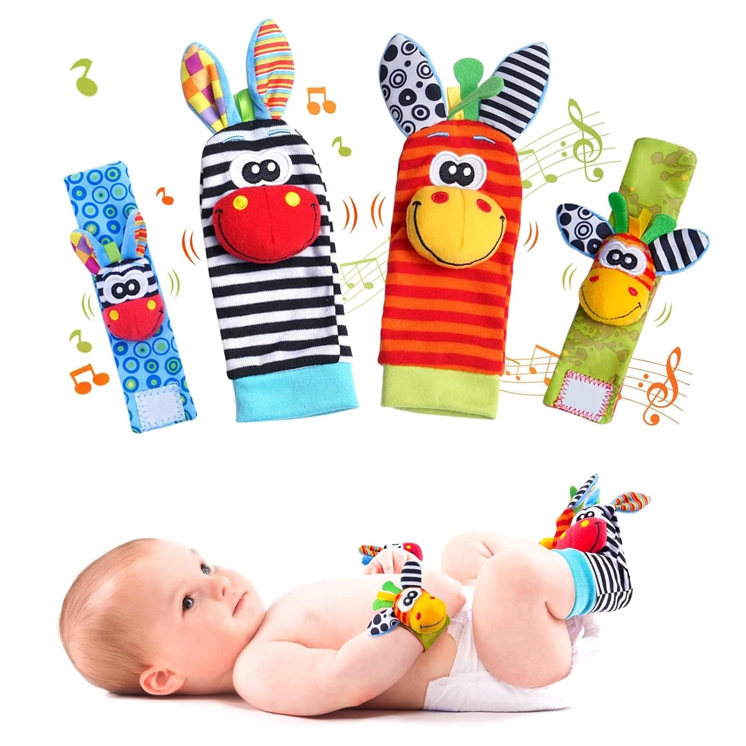 4 x rattle baby socks, baby toy wrist, newborn toy, rattle socks baby 0-6 months, for boys and girls, early education baby socks, gift ideas for infants