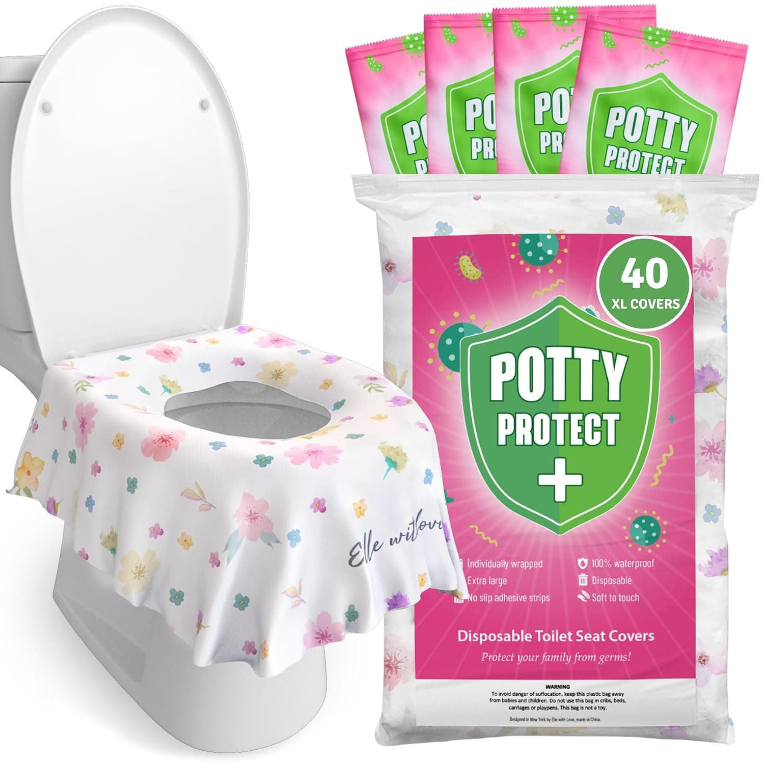 Eli with Love 2 Pack - 40 Extra Large Disposable Toilet Seat Covers (Floral) by – Toddler Toilet Covers for Full Coverage On Toilet or Potty – Ideal Travel Toilet Seat Covers for Both Kids and Adults