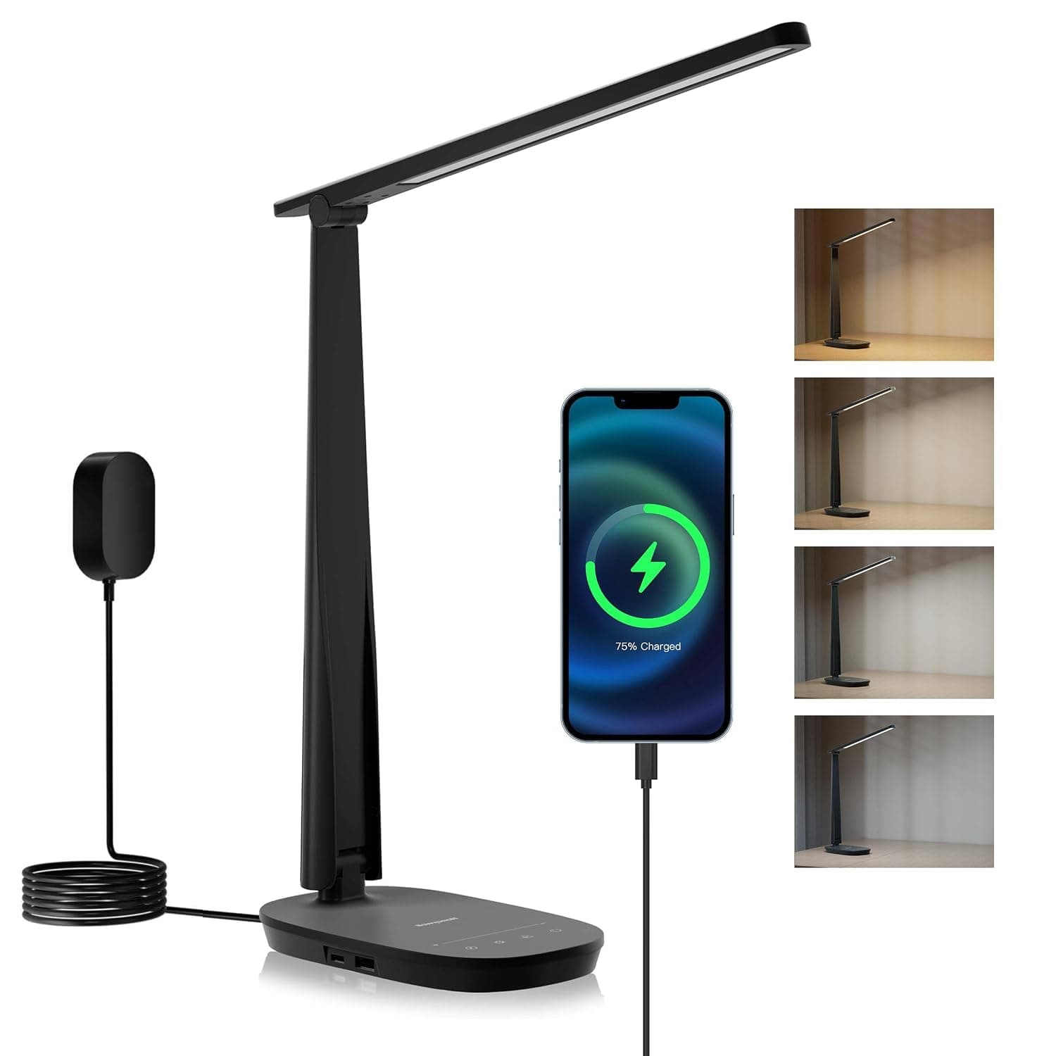 HONEYWELL LED Desk Lamp - HWT-H2 Sunturalux™ Eye-Caring Foldable Desk Light with USB A+C Dual Charging Port 4 Color Modes Dimmable Table Lamp for Home Office Bedroom Reading Study Work - Black | CRI94 Full Spectrum Eye-Caring Light, Low Blue Light, 4 Color Modes, USB-A & USB-C Charging, Foldable Touch Control