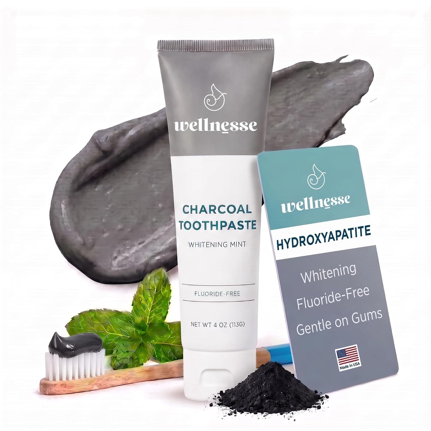 Hydroxyapatite Toothpaste, Charcoal, Whitening, Fluoride Free, Mint, 4 Oz | Wellnesse Activated Charcoal and Xylitol Formula, Adults, SLS Free, Remineralizing Enamel Care for Sensitive Teeth, Oral Care