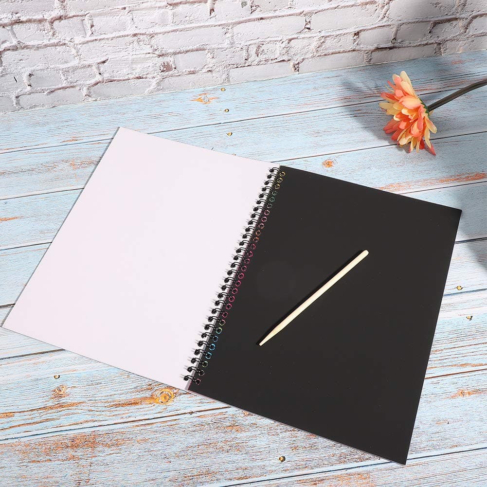 Eujgoov Scratch Paper Art Set, Wooden Pen, Multicolor Scratch Notes for Kids, Drawing and Craft Supplies for Play