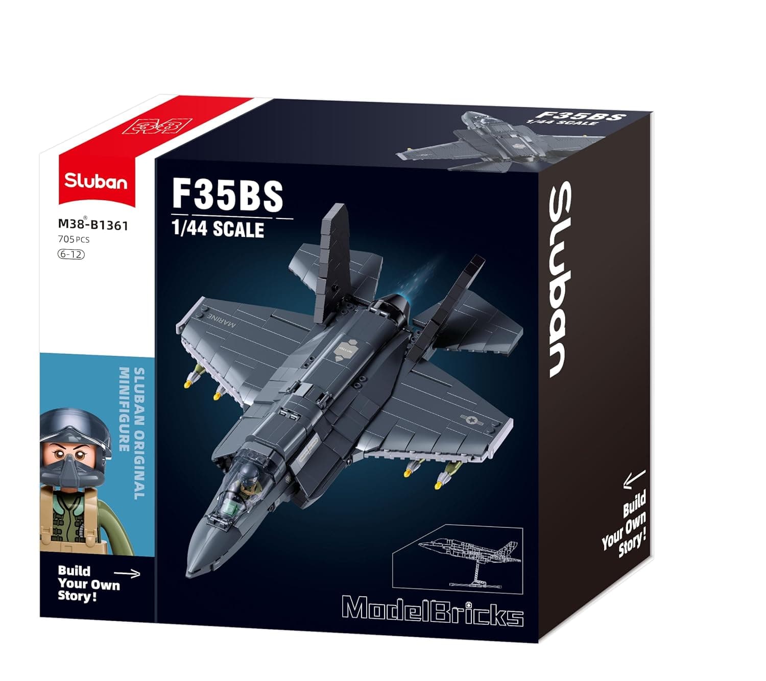 Sluban ModelBricks F35BS 705 Piece 1/44 Scale Fighter Construction Kit, Pilot Figure Included, 6-12 Years