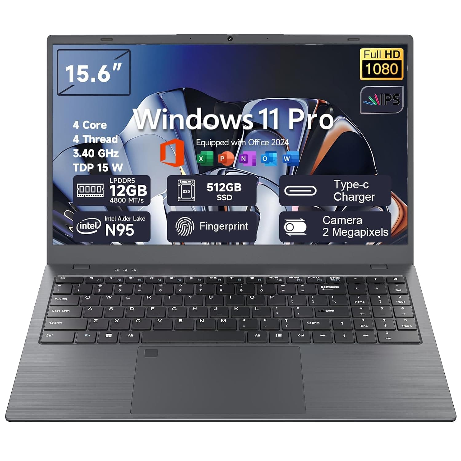 15.6" FHD Business Laptop, 12GB RAM 512GB SSD, N95 Processor, Windows 11 Pro with Office 2024, Fingerprint Security, Long Battery Life, Black